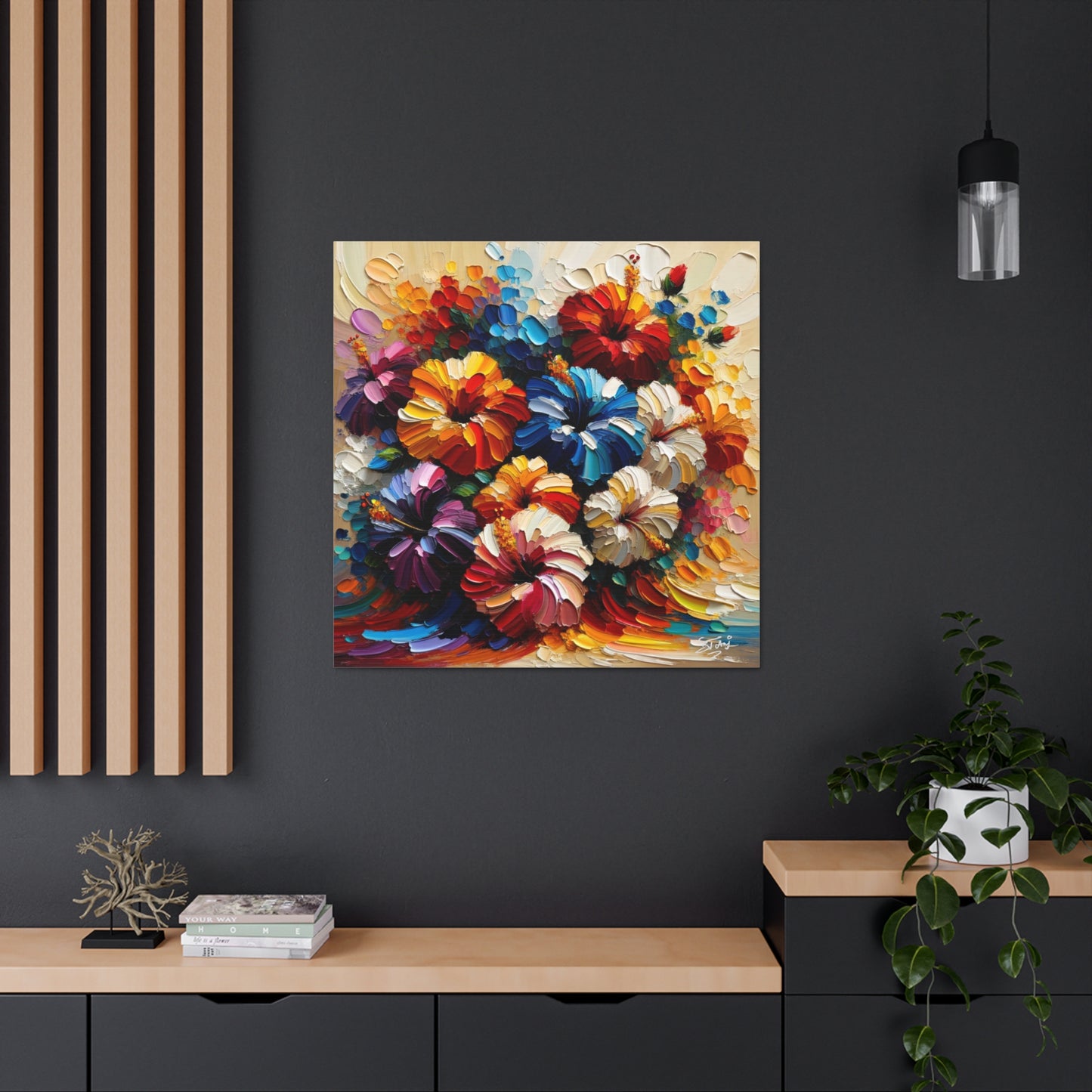 Print#2 of Hibiscus Flower Arrangement, Semi-abstract, Oil Paint finish, Caribbean, Tropical, Canvas Gallery Wraps