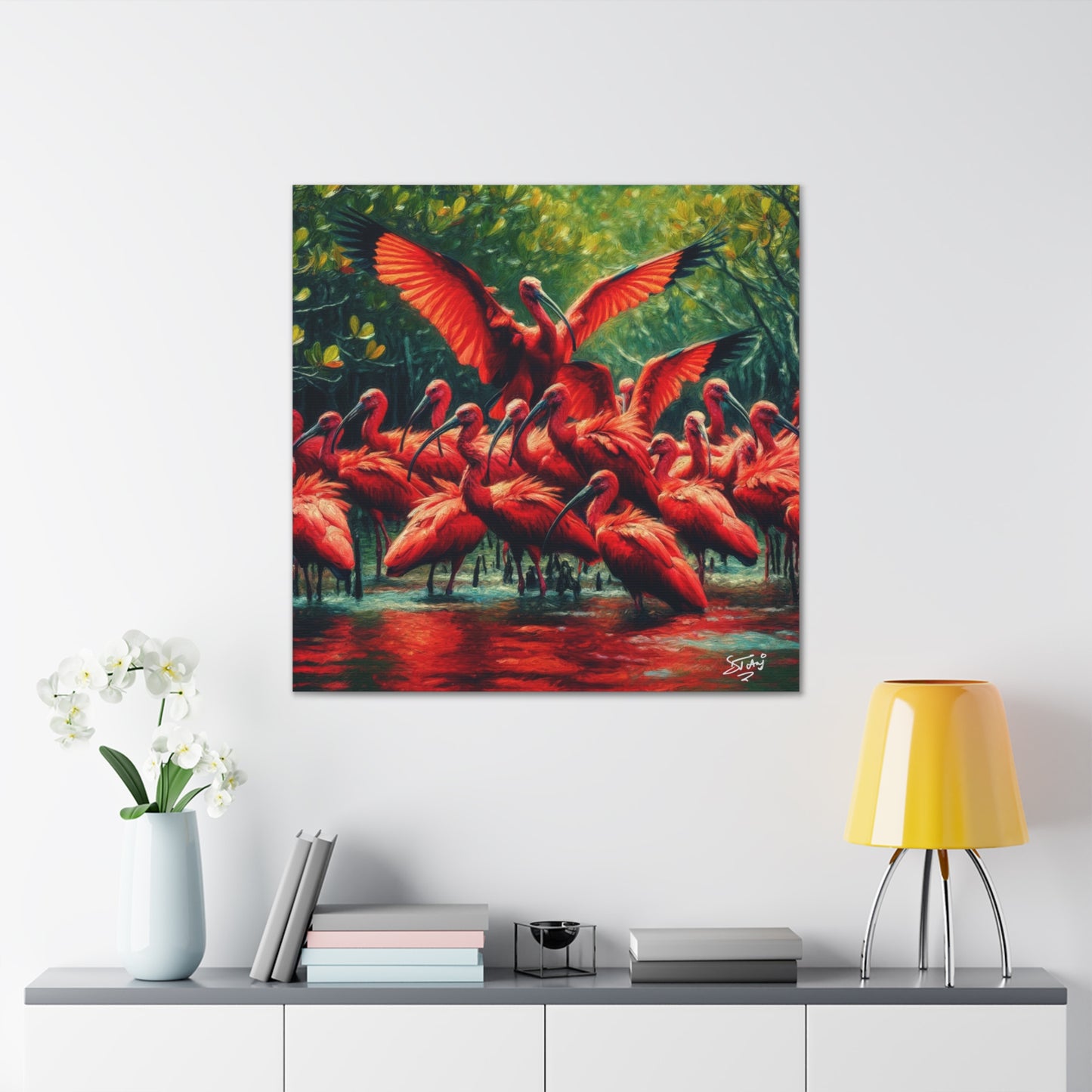 Art Print#3, Scarlet Ibises in Their Natural Mangrove Habitat in Trinidad and Tobago, Caribbean, West Indian Art, Canvas Gallery Wraps