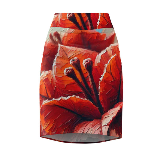 Women's Pencil Skirt (AOP) Red Bougainvillea Print