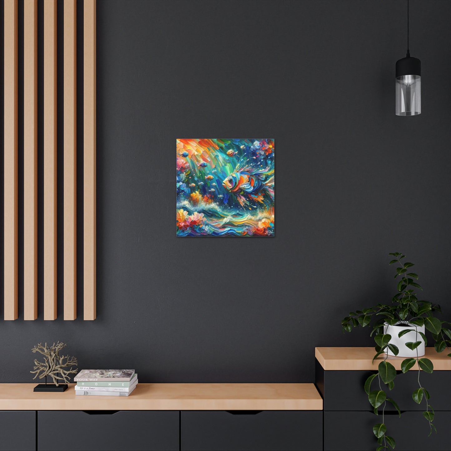 Art Print, Fishes in Coral Reef, Oil Finish, Caribbean Nature, Semi-Abstract, Canvas Gallery Wrap