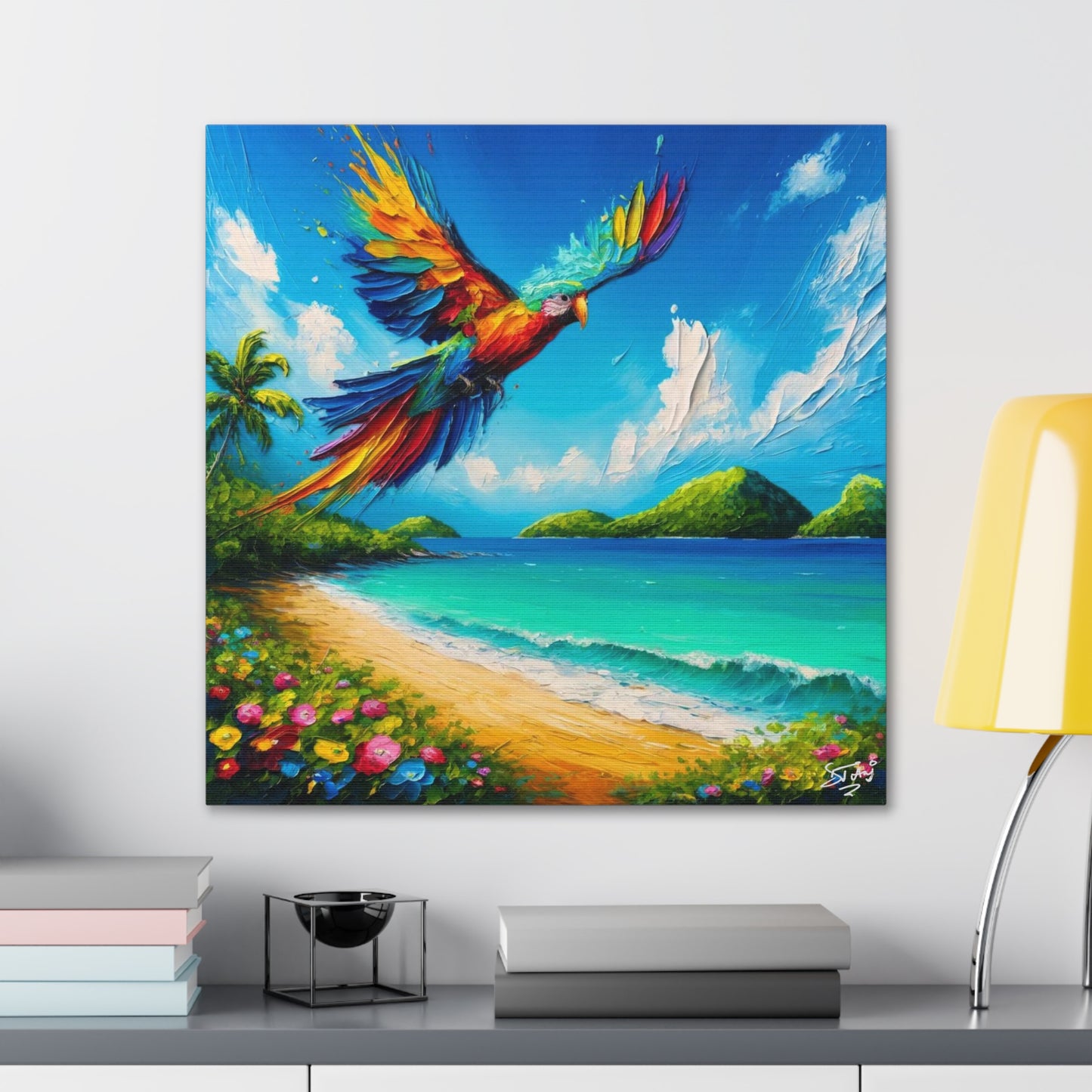 Art Print, "Bird Enjoying View," Oil Finish, Caribbean Nature, Cultural, Heritage, Semi-Abstract, Canvas Gallery Wrap