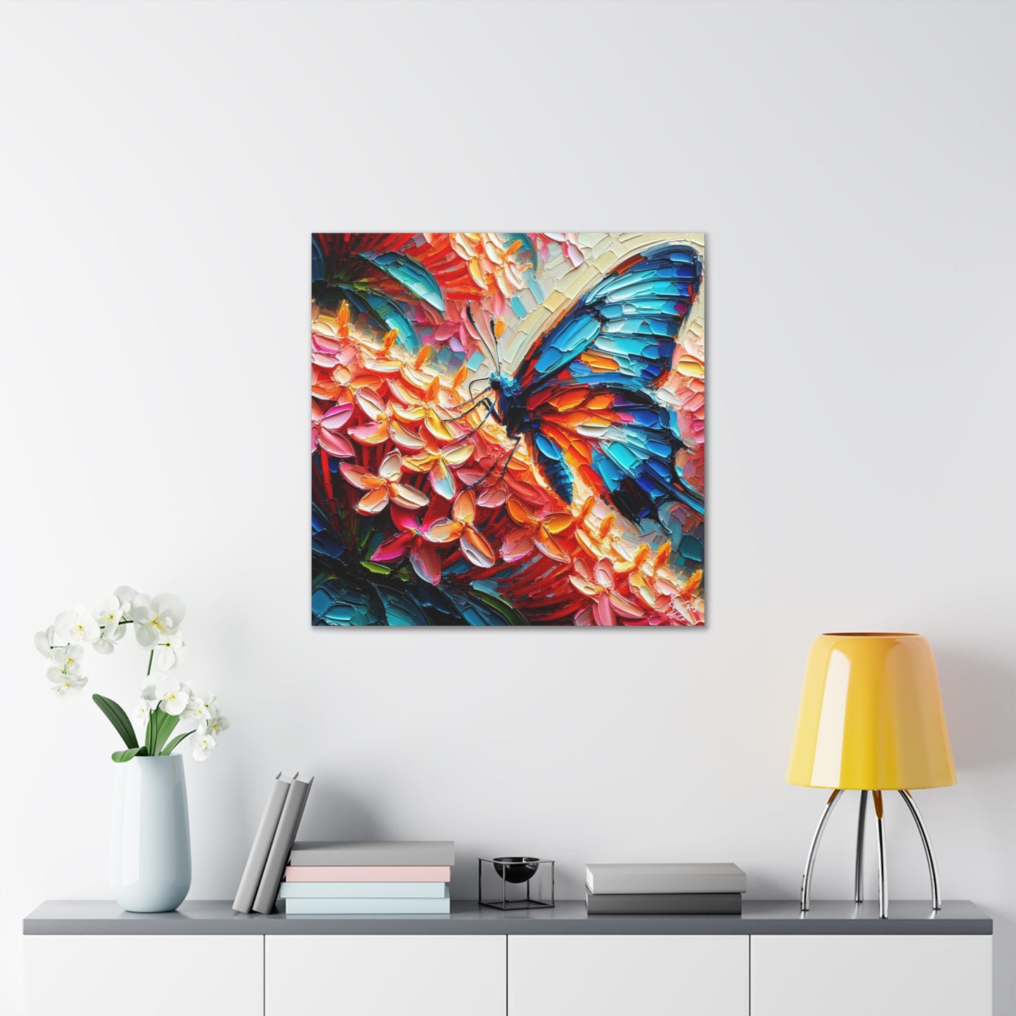 Art Print, Butterfly on Ixoras, Oil Finish, Caribbean Nature, Cultural, Heritage, Semi-Abstract, Canvas Gallery Wrap