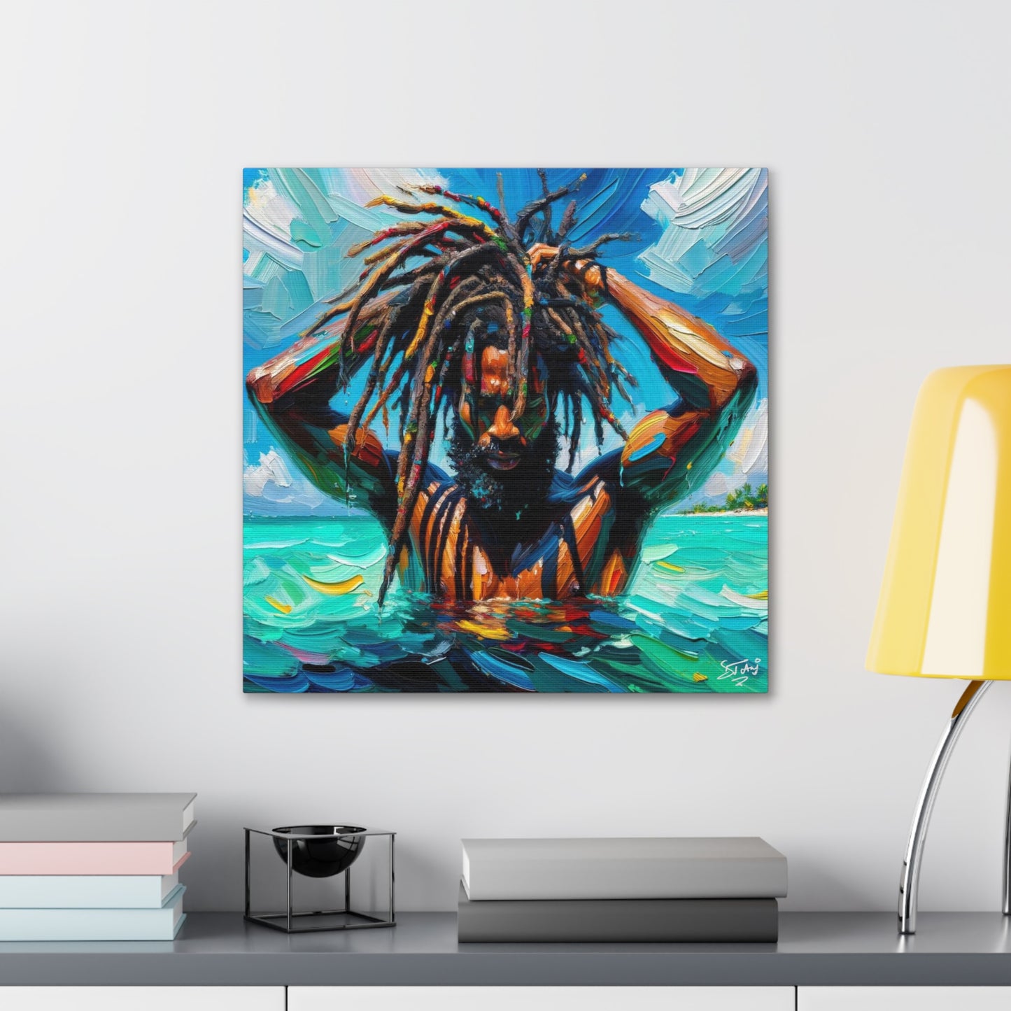 Art Print, Afro-Caribbean Man with Dreadlocks, Oil Finish, West Indian Ethnicity, Cultural, Heritage, Semi-Abstract, Canvas Gallery Wrap