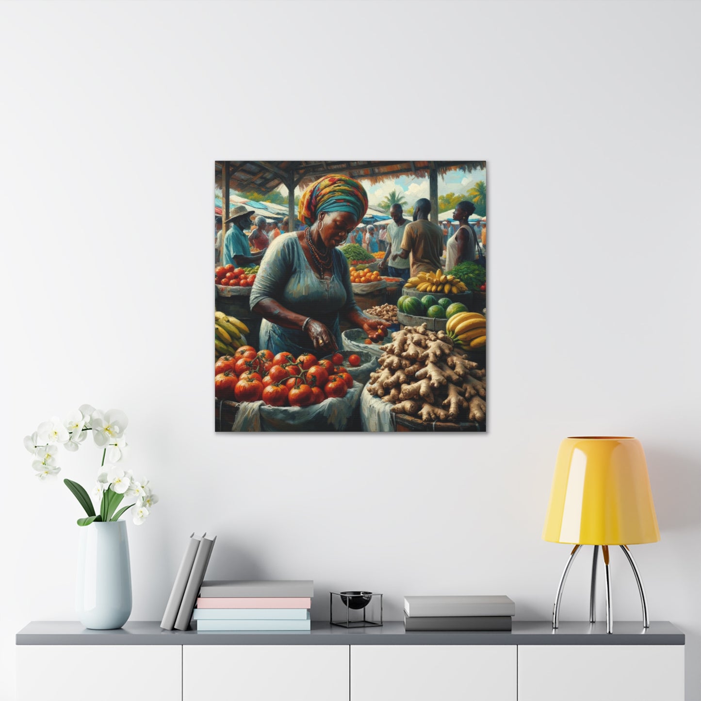 Art Print#5, "Selling at the Market", Market Scene in Trinidad, Caribbean, Oil Finish, West Indian Art, Canvas Gallery Wraps