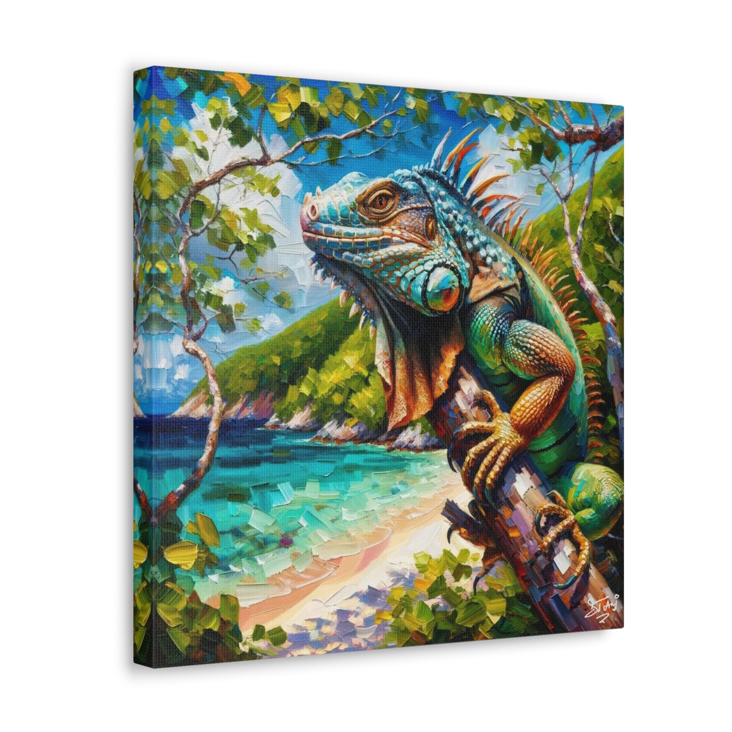 Art Print, Iguana, Caribbean Wildlife, Oil Finish, Caribbean Nature, Cultural, Heritage, Canvas Gallery Wrap