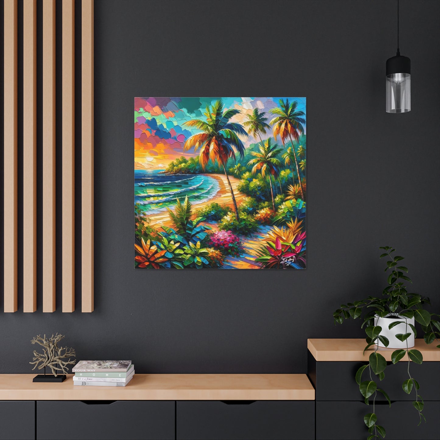 Art Print of Caribbean Beach Sunset, Semi-Abstract, Oil Painting, West Indian Art, Canvas Gallery Wraps