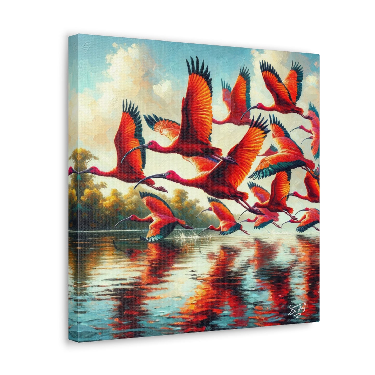 Art Print, Scarlet Ibises in flight, Oil Finish, Trinidad & Tobago, Caribbean, West Indian Art, Canvas Gallery Wraps