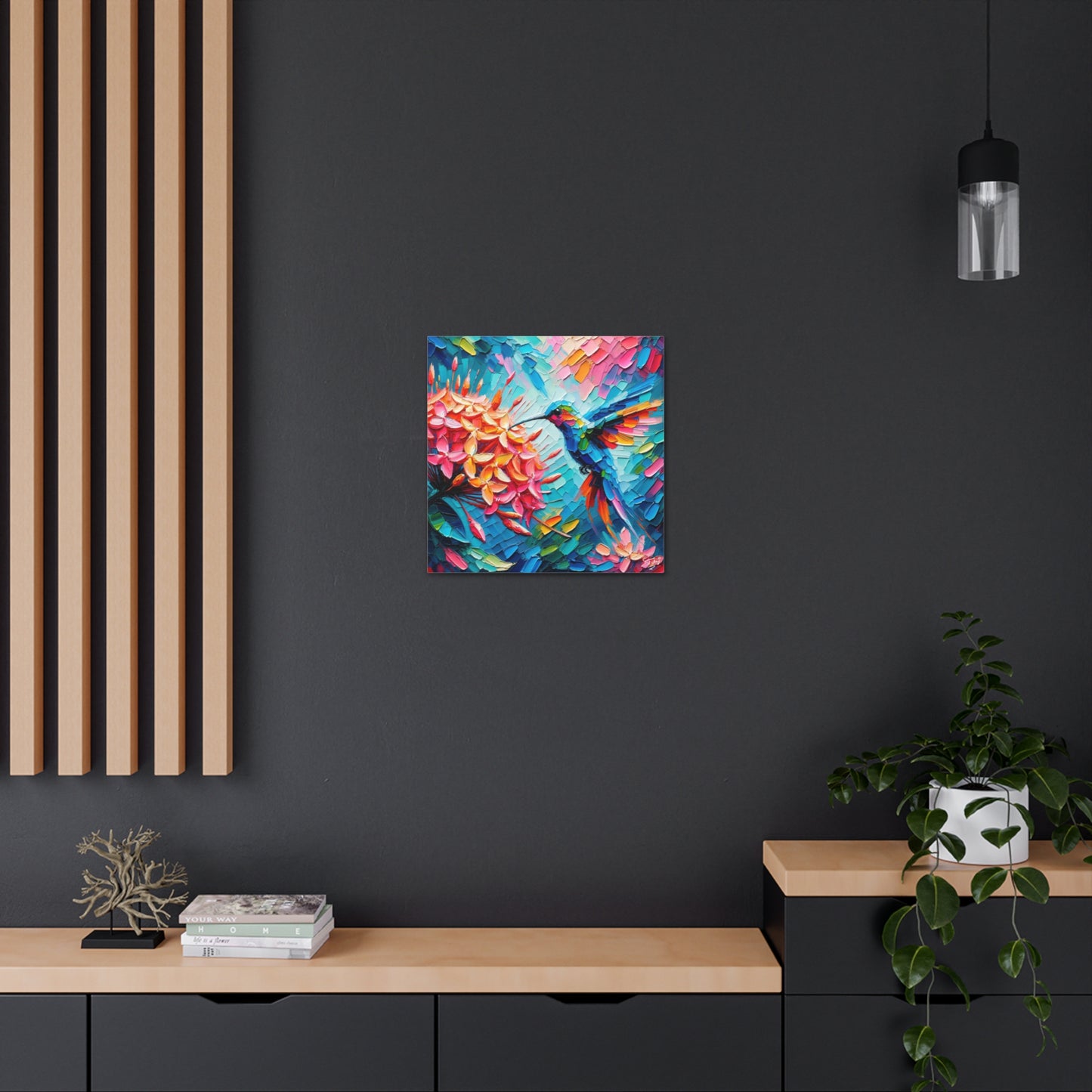 Art Print, Hummingbird on Ixora, Oil Finish, Caribbean Nature, Cultural, Heritage, Semi-Abstract, Canvas Gallery Wrap