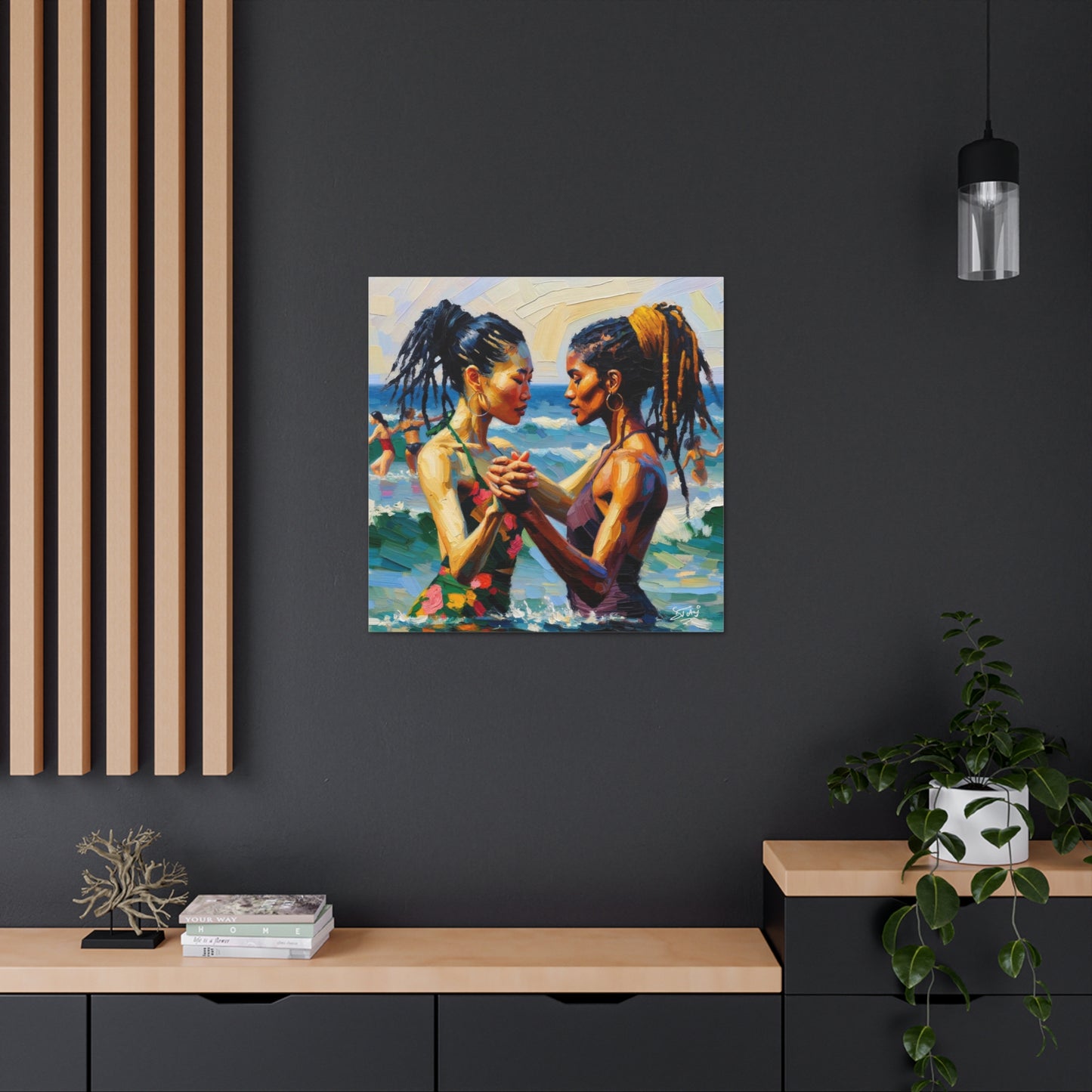 Art Print, Caribbean Couple, "In Our World" Semi-Abstract Oil Finish, West Indian Ethnicity, Cultural, Heritage, Canvas Gallery Wrap