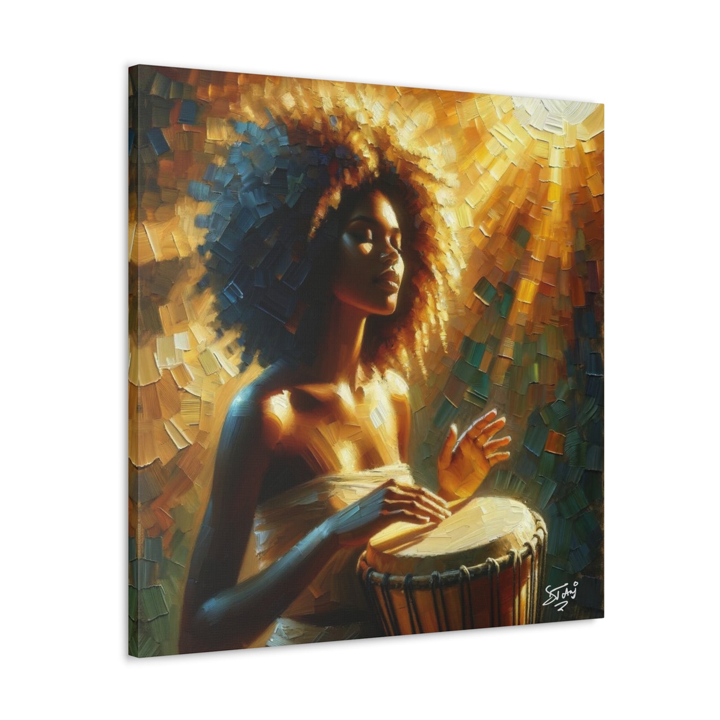 Art Print, Afro-Caribbean Woman, "Drumming" Oil Finish, West Indian Ethnicity, Cultural, Heritage, Abstract, Canvas Gallery Wrap