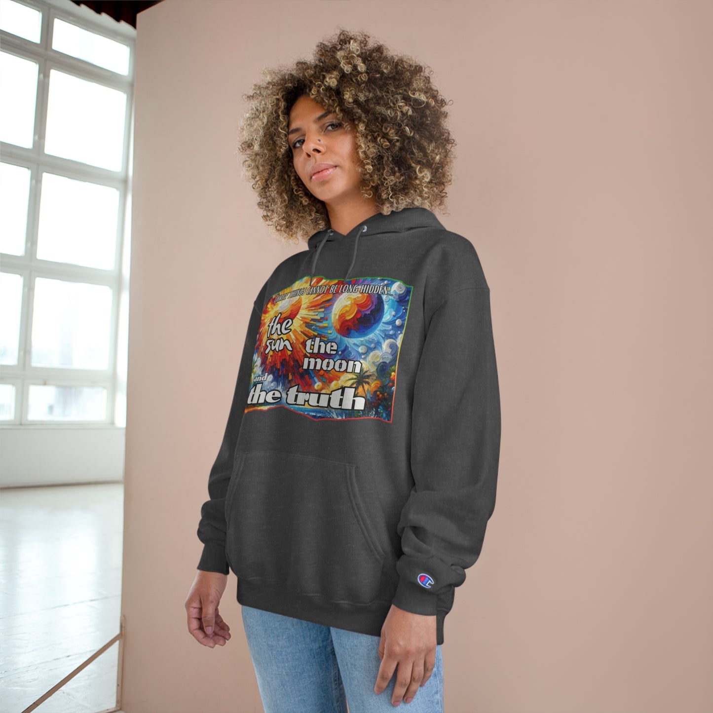 Champion Hoodie, "Three Things Cannot Be Hidden..." Inclusion, Anti-Racism, Racial Justice, One Love, Unity, Diversity, Immigrant Outsiders, Caribbean Culture, FashionWithPurpose, ConsciousClothing, Cultural Identity, Black Inspiration Empowerment