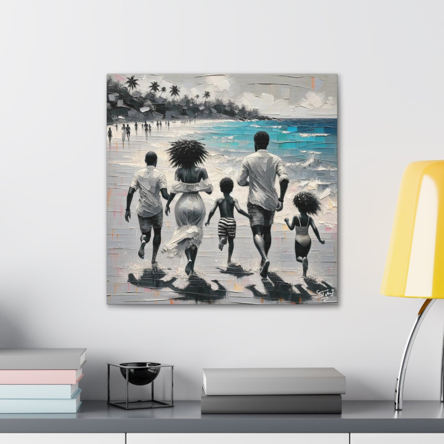 Art Print, Afro-Caribbean Family on the Beach, Oil Finish, West Indian Ethnicity, Cultural, Heritage, Semi-Abstract, Canvas Gallery Wrap