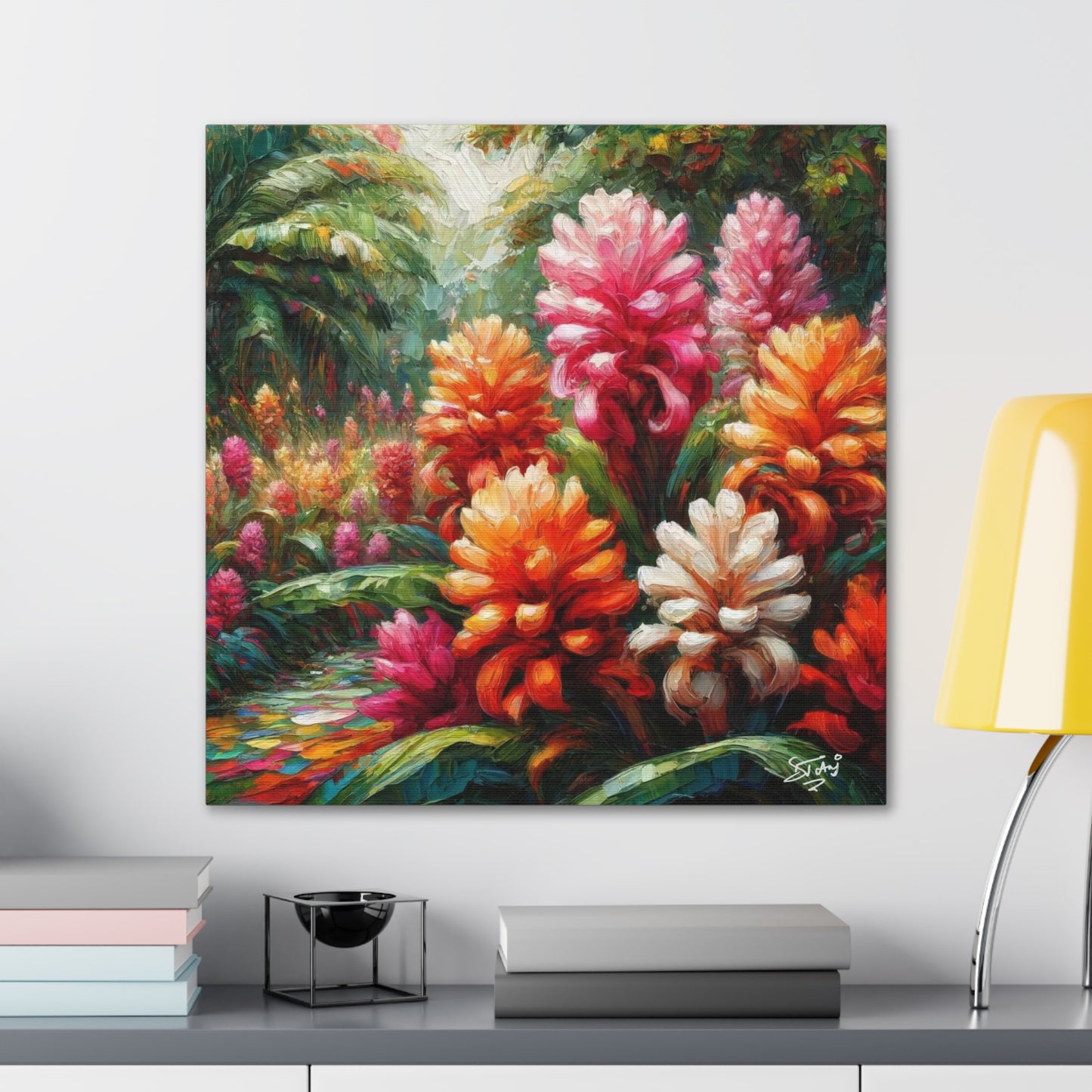 Art Print of Tropical Flower Garden, Oil Finish, West Indian Art, Canvas Gallery Wraps