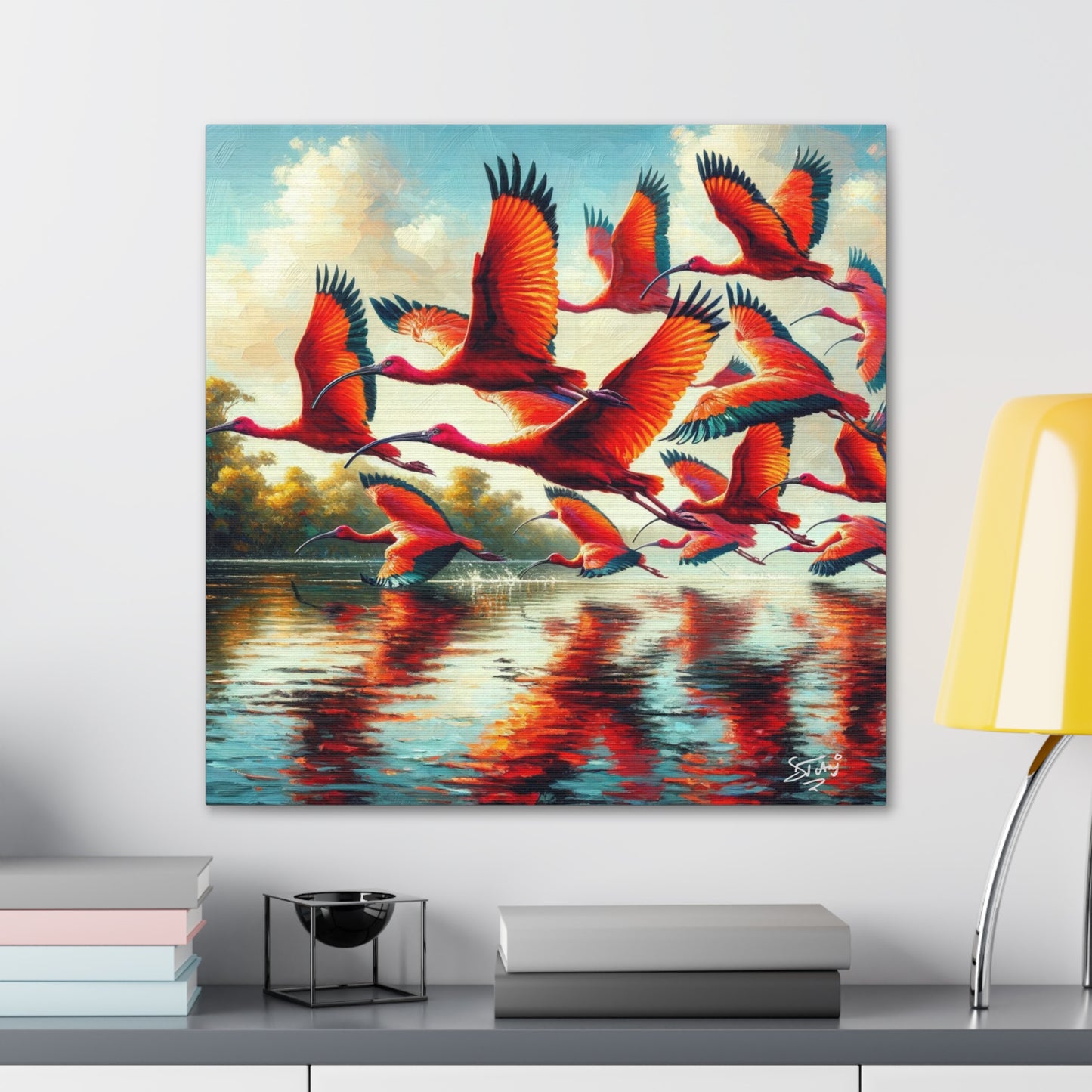 Art Print, Scarlet Ibises in flight, Oil Finish, Trinidad & Tobago, Caribbean, West Indian Art, Canvas Gallery Wraps