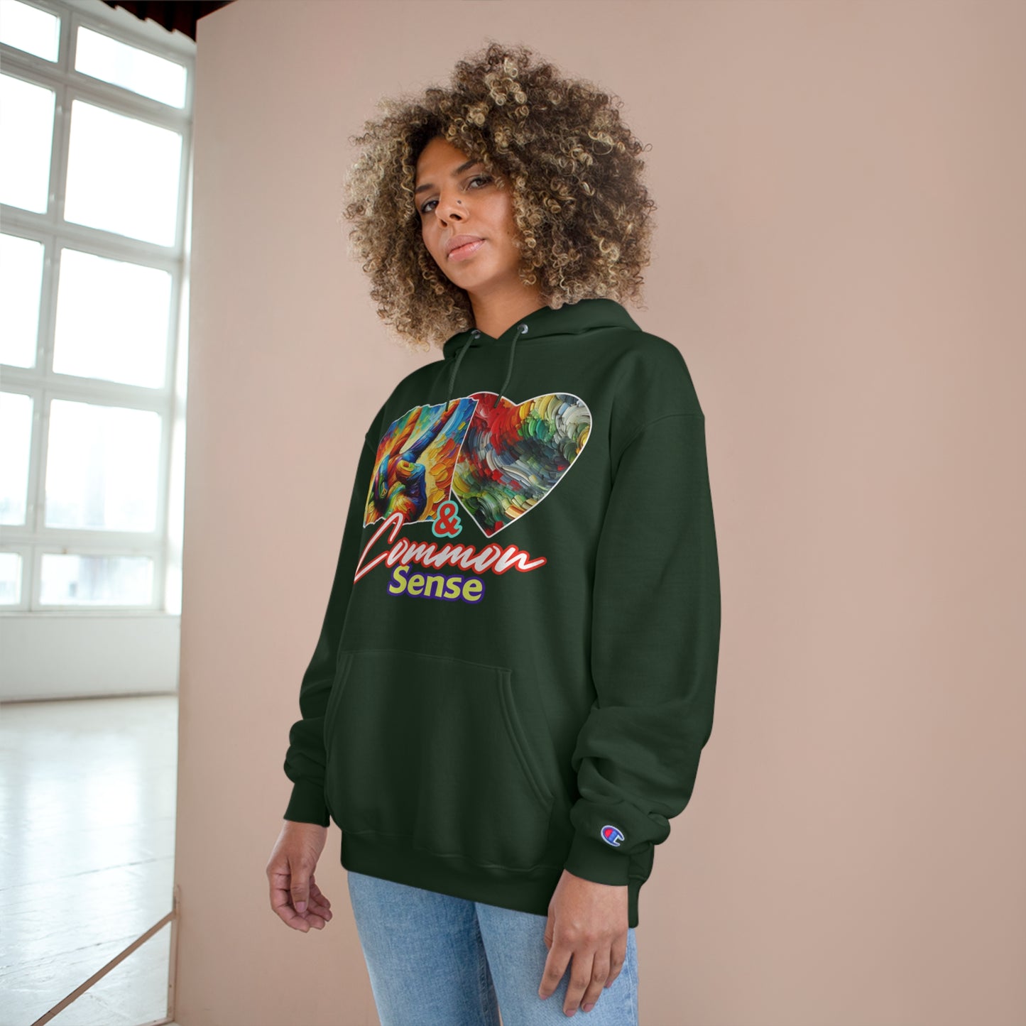 Champion Hoodie, "Peace, Love & Common Sense" Inclusion, Anti-Racism, Racial Justice, One Love, Unity, Diversity, Immigrant Outsiders, Caribbean Culture, FashionWithPurpose, ConsciousClothing, Cultural Identity, Black Inspiration Empowerment