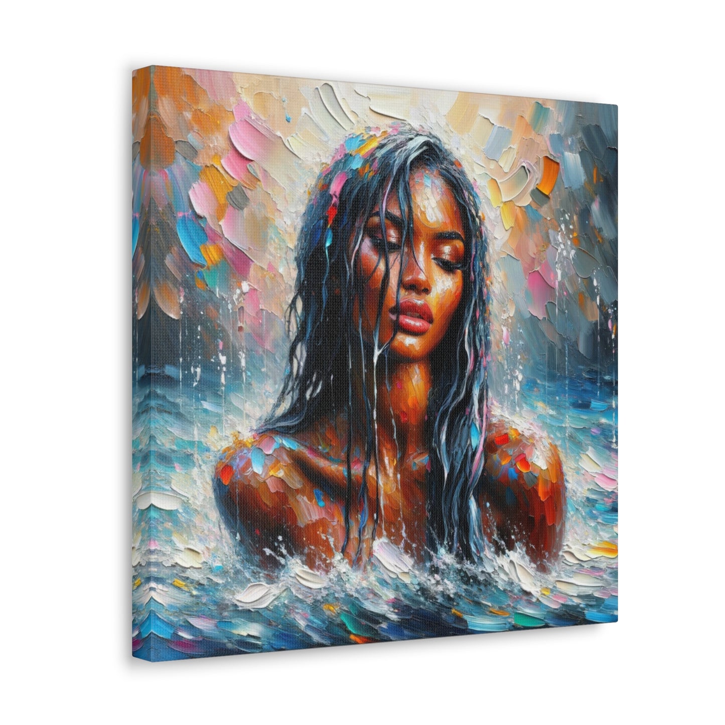 Art Print#2 of Trini Woman - Chilling in the Caribbean Sea, Oil Finish, West Indian Ethnicity, Cultural, Heritage Art, Canvas Gallery Wraps