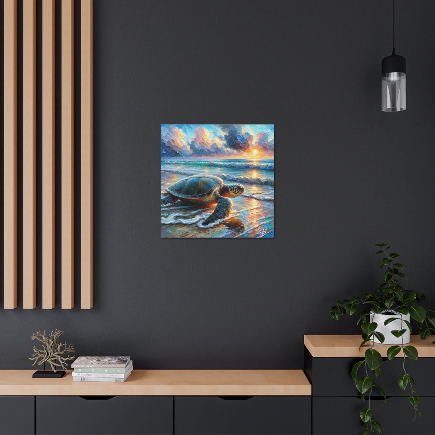 Art Print, Turtle at Sunrise, Caribbean Wildlife, Oil Finish, Caribbean Nature, Culture, Heritage, Canvas Gallery Wrap