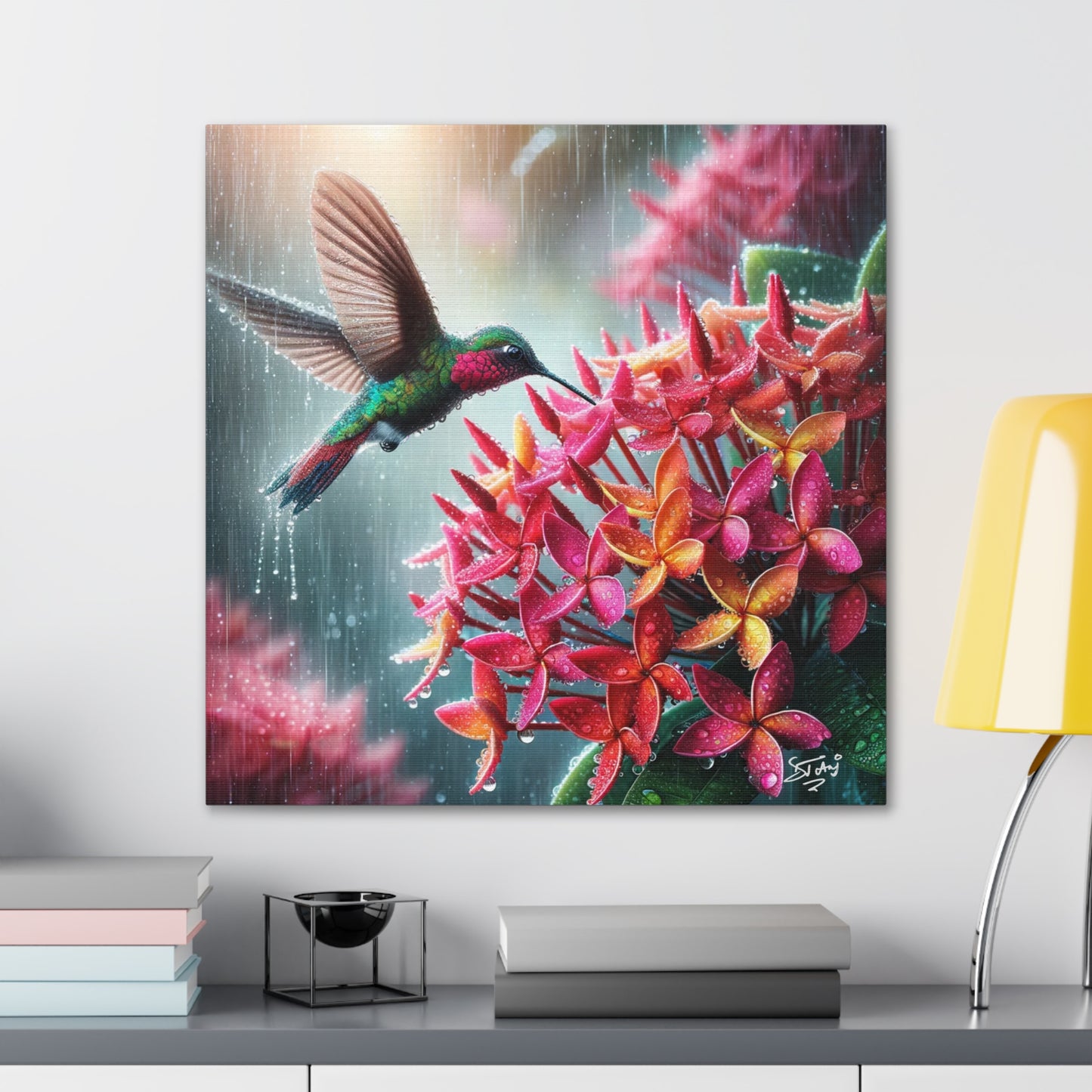 Print of Hummingbird in the Rain Hovering over Ixora Flower, Oil Paint Finish, Caribbean, Tropical, Canvas Gallery Wraps