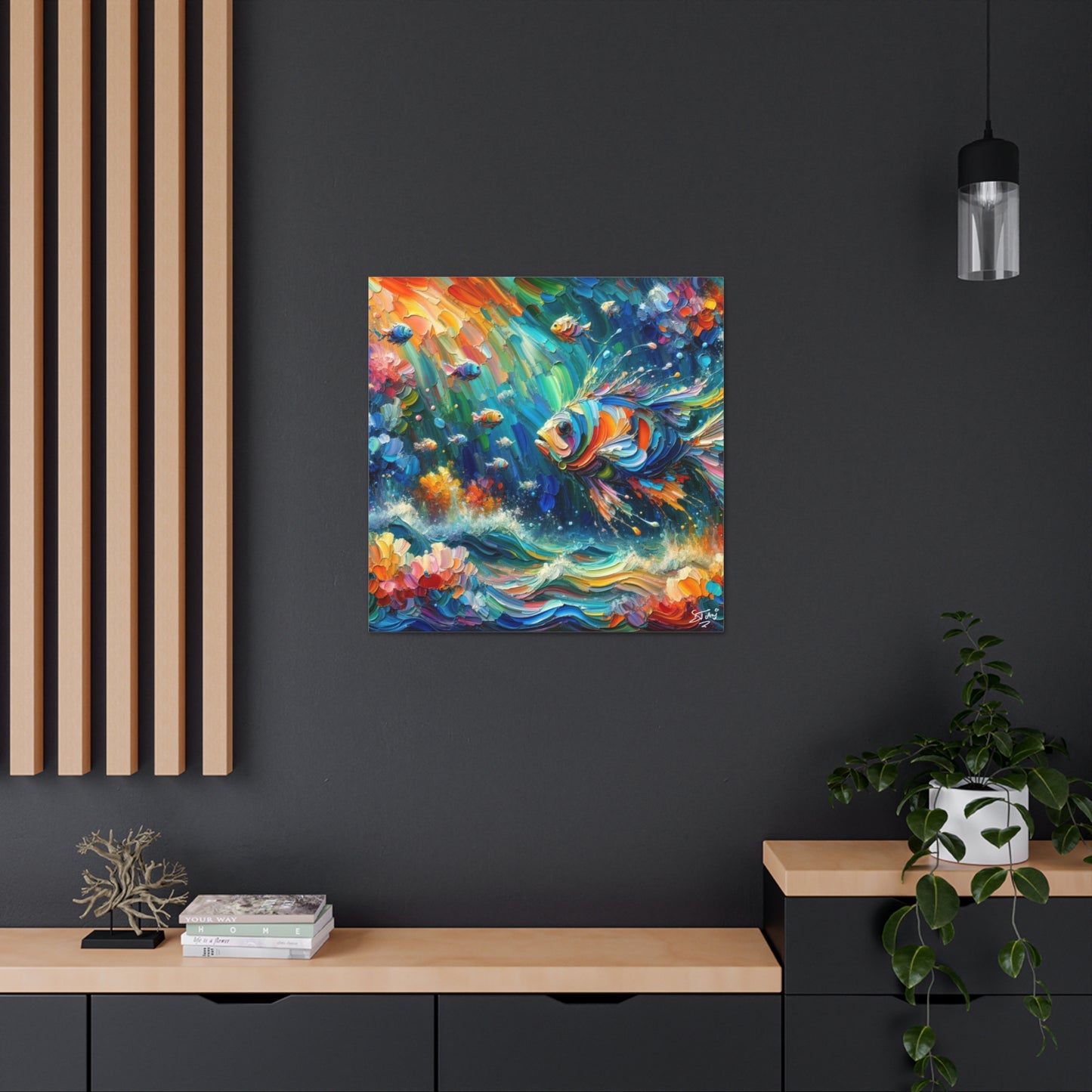 Art Print, Fishes in Coral Reef, Oil Finish, Caribbean Nature, Semi-Abstract, Canvas Gallery Wrap