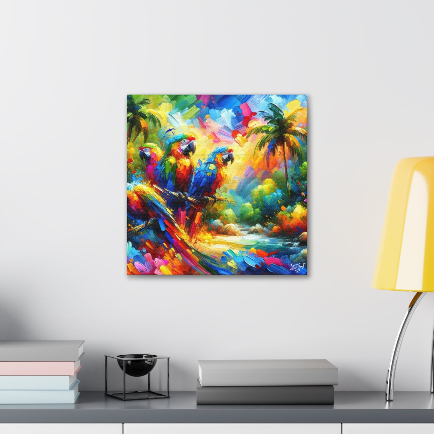 Art Print, The Parrots, Oil Finish, Caribbean Nature, Cultural, Heritage, Semi-Abstract, Canvas Gallery Wrap