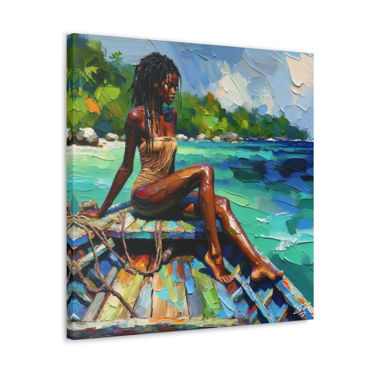 Art Print, Caribbean Woman "Chilling in the Boat" Oil Finish, West Indian Ethnicity, Cultural, Heritage, Semi-Abstract, Canvas Gallery Wrap