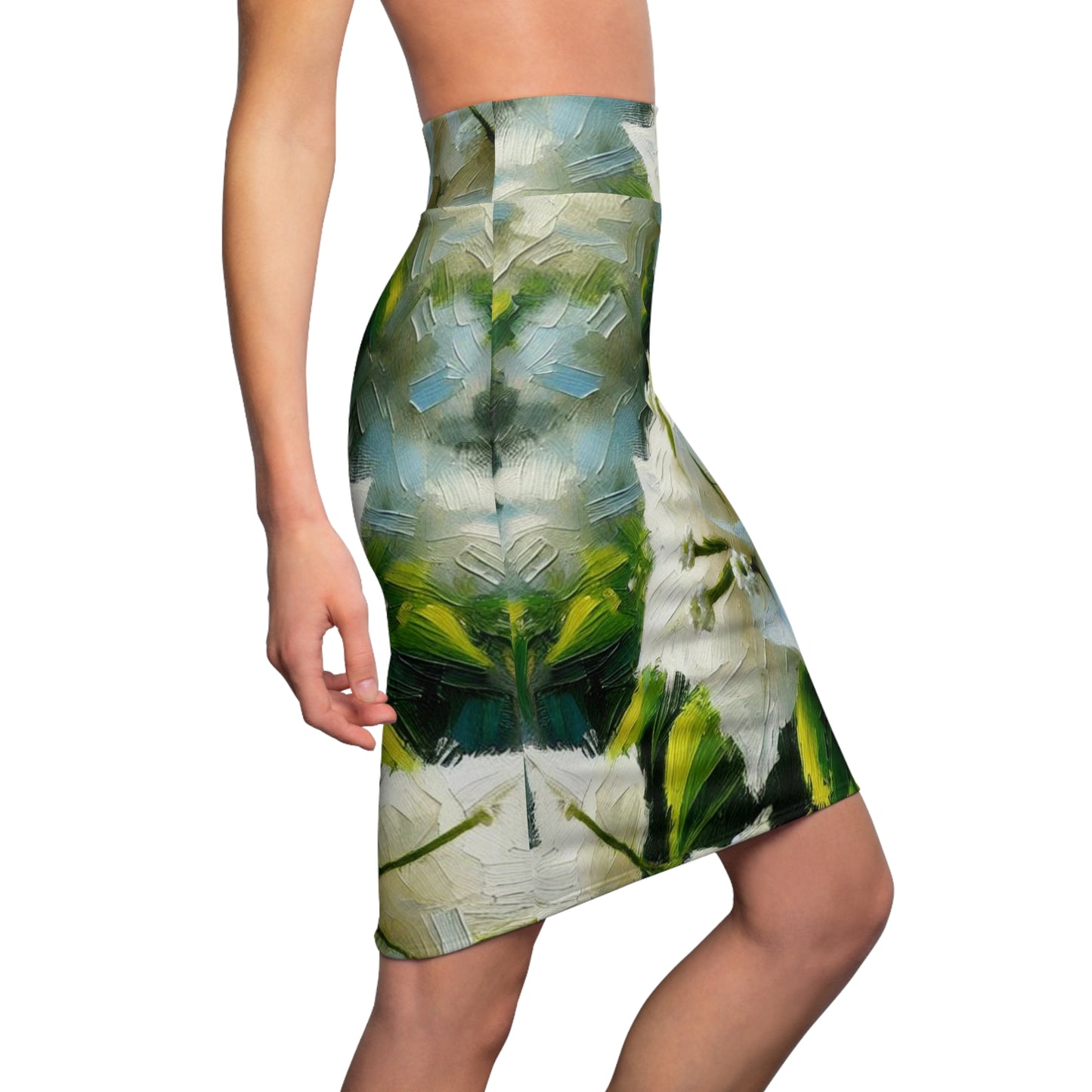 Women's Pencil Skirt (AOP) White Bougainvillea Print