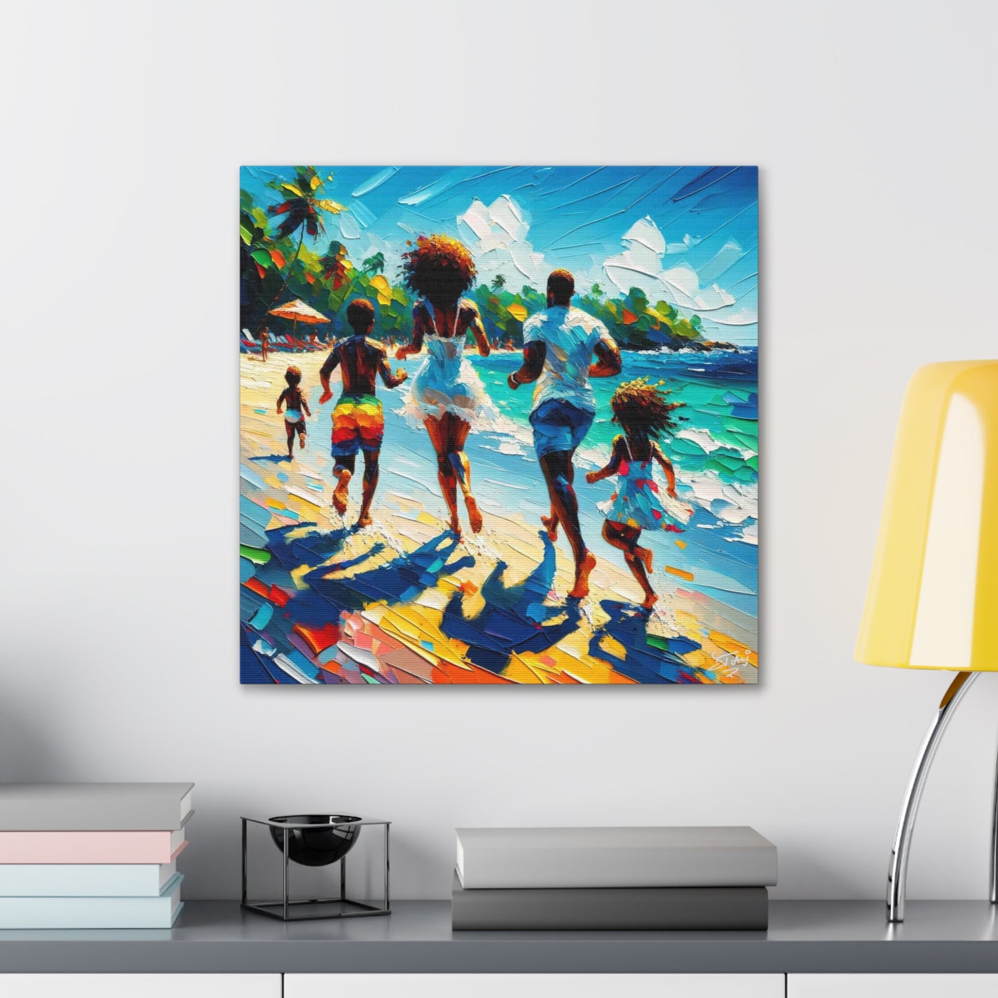 Art Print, Afro-Caribbean Family "Running on the Beach," Oil Finish, West Indian Ethnicity, Cultural, Heritage, Semi-Abstract, Canvas Gallery Wrap