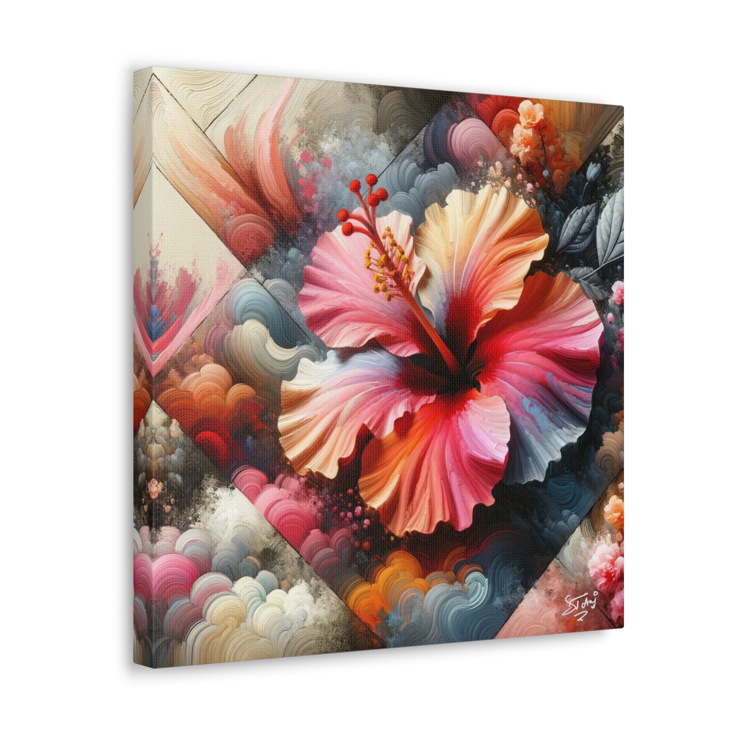 Oil Print of a Pink Hibiscus Flower, Close-up View, Semi-abstract, Caribbean, Vibrant Vivid Colors, Canvas Gallery Wraps