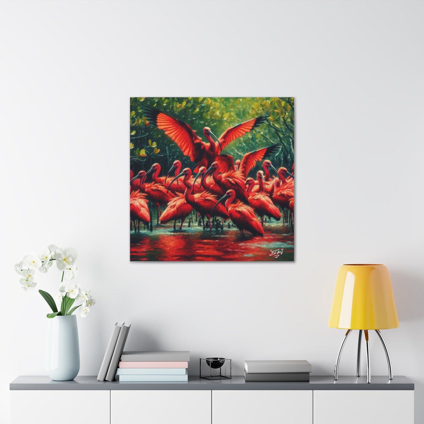 Art Print#3, Scarlet Ibises in Their Natural Mangrove Habitat in Trinidad and Tobago, Caribbean, West Indian Art, Canvas Gallery Wraps