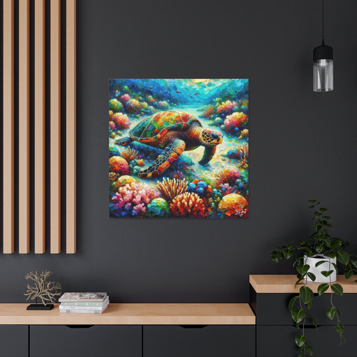 Art Print, Turtle in Reef, Oil Finish, Caribbean Nature, Cultural, Heritage, Semi-Abstract, Canvas Gallery Wrap