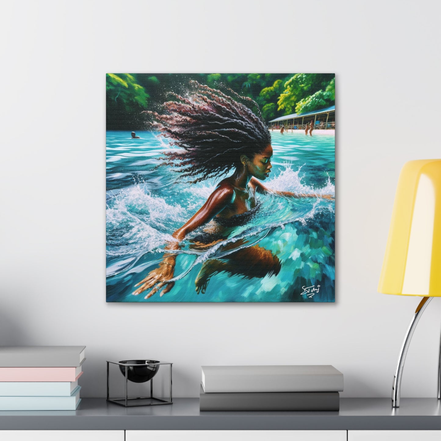 Art Print, Afro-Caribbean Woman, "Sea Bath" Abstract, Oil Finish, West Indian Ethnicity, Cultural, Heritage, Abstract, Canvas Gallery Wrap