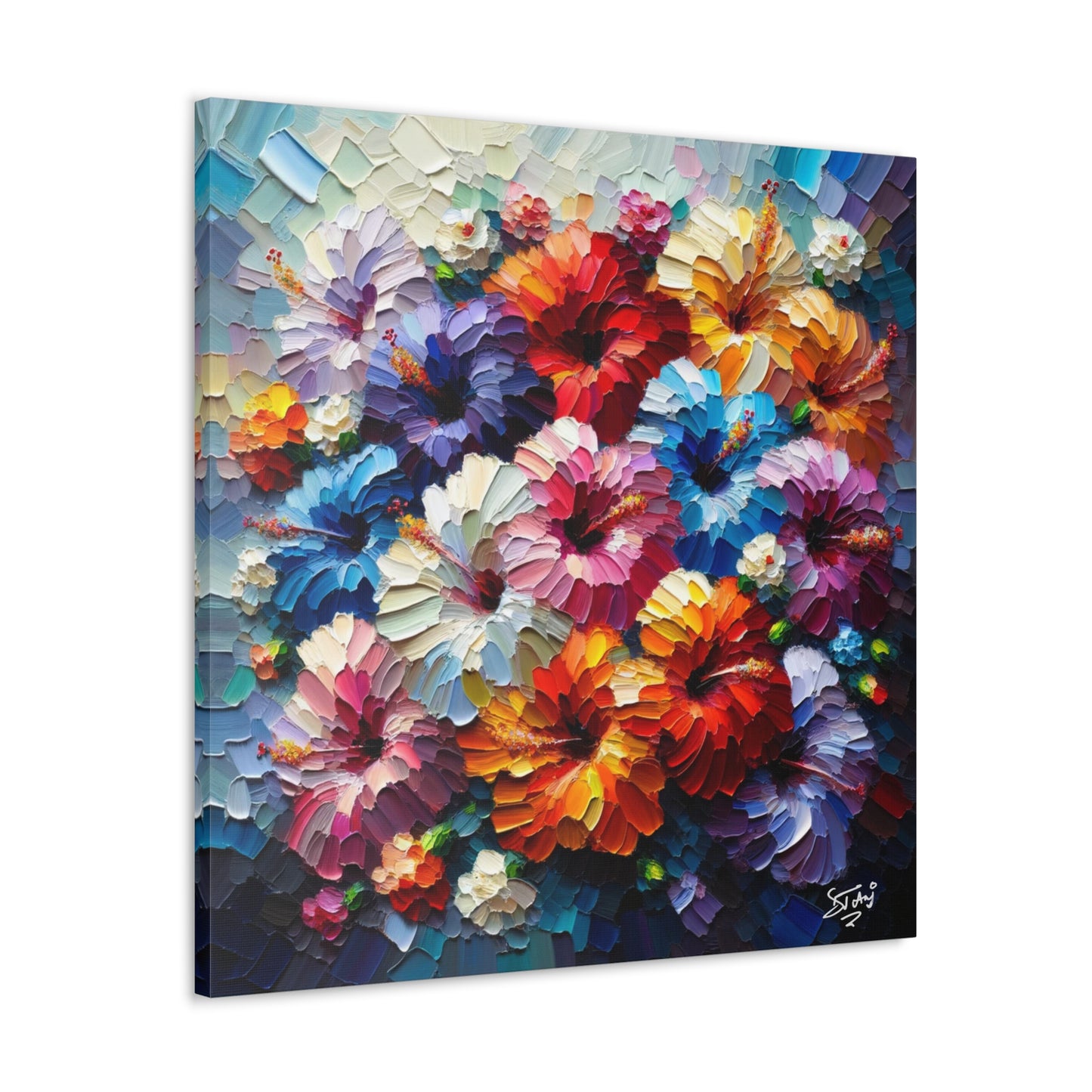 Print of Hibiscus Flower Arrangement, Semi-abstract, Oil Paint finish, Caribbean, Tropical, Canvas Gallery Wraps