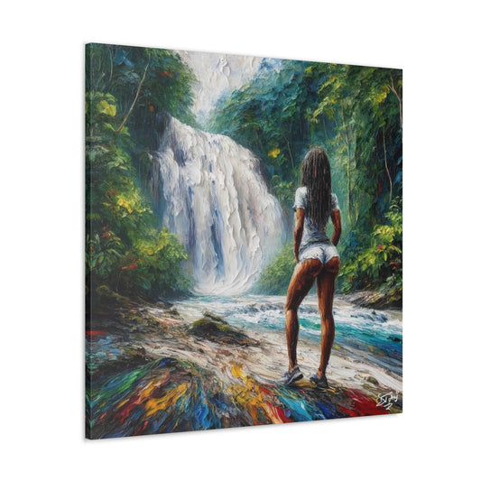 Art Print, Dougla Woman "Chilling at the Waterfall" Oil Finish, West Indian Ethnicity, Cultural, Heritage, Semi-Abstract, Canvas Gallery Wrap