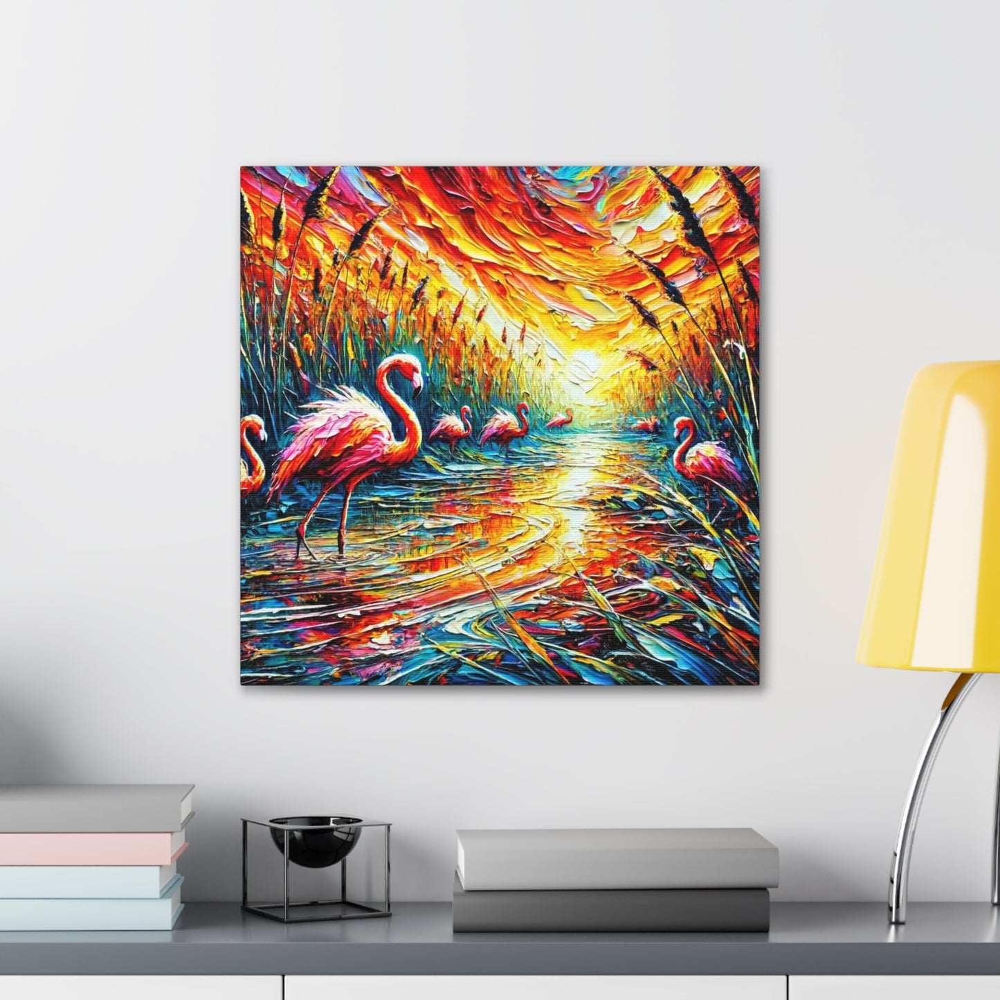 Art Print, Flamingos, Abstract Oil Finish, Trinidad & Tobago, Caribbean, West Indian Art, Canvas Gallery Wraps