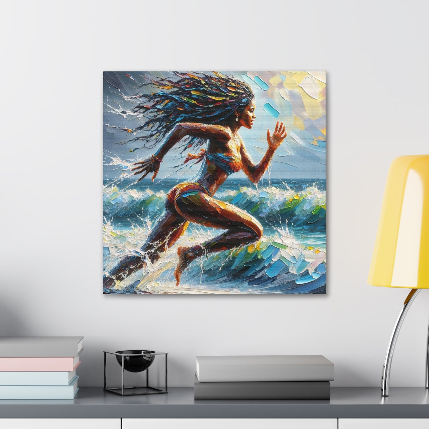 Art Print#3, East Indian Woman from Trinidad running into the Atlantic Ocean, Caribbean, Oil Finish, West Indian Art, Canvas Gallery Wraps