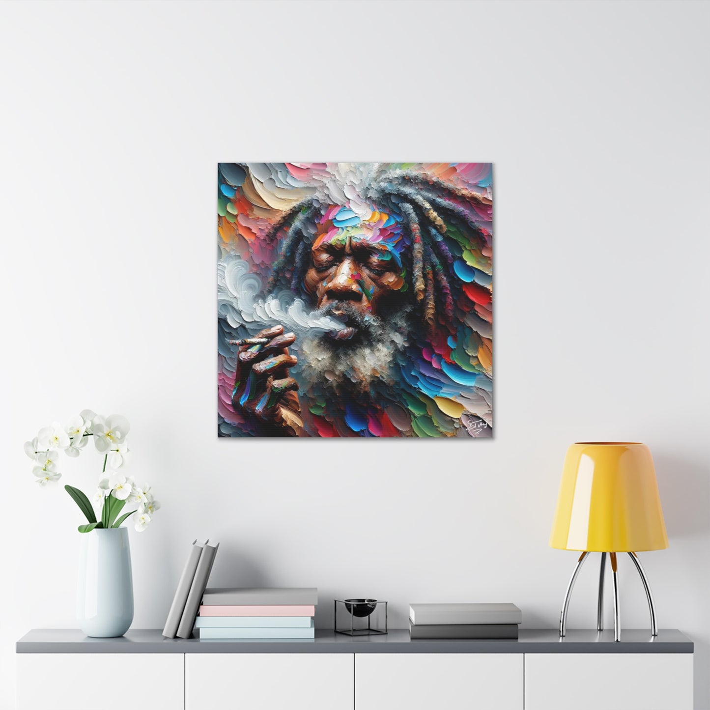 Art Print, "Rastaman Live Up (2)" Oil Finish, West Indian Ethnicity, Cultural, Heritage, Semi-Abstract, Canvas Gallery Wrap