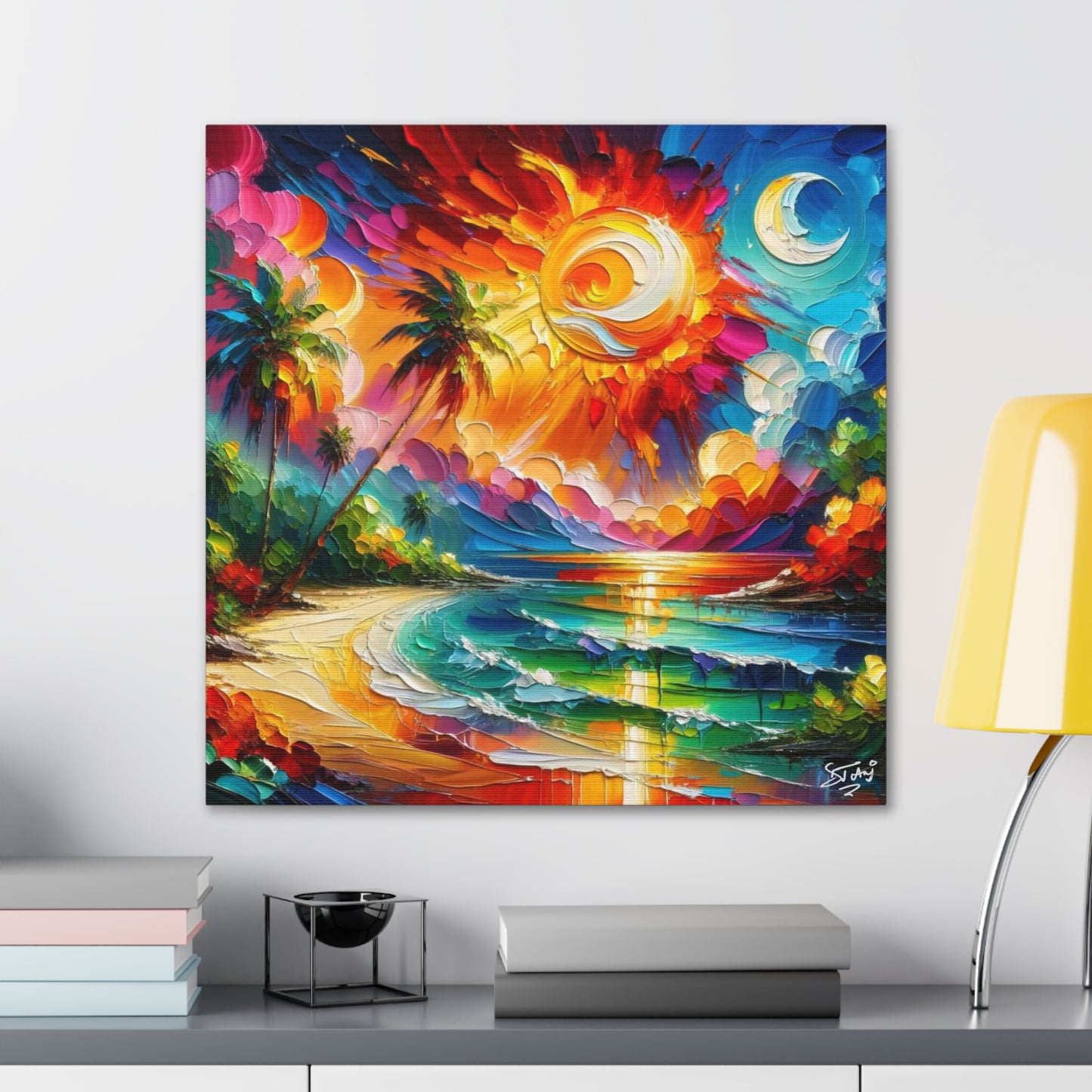 Art Print of Caribbean Sunset Scene, Semi-Abstract, Oil Painting, West Indian Art, Canvas Gallery Wraps