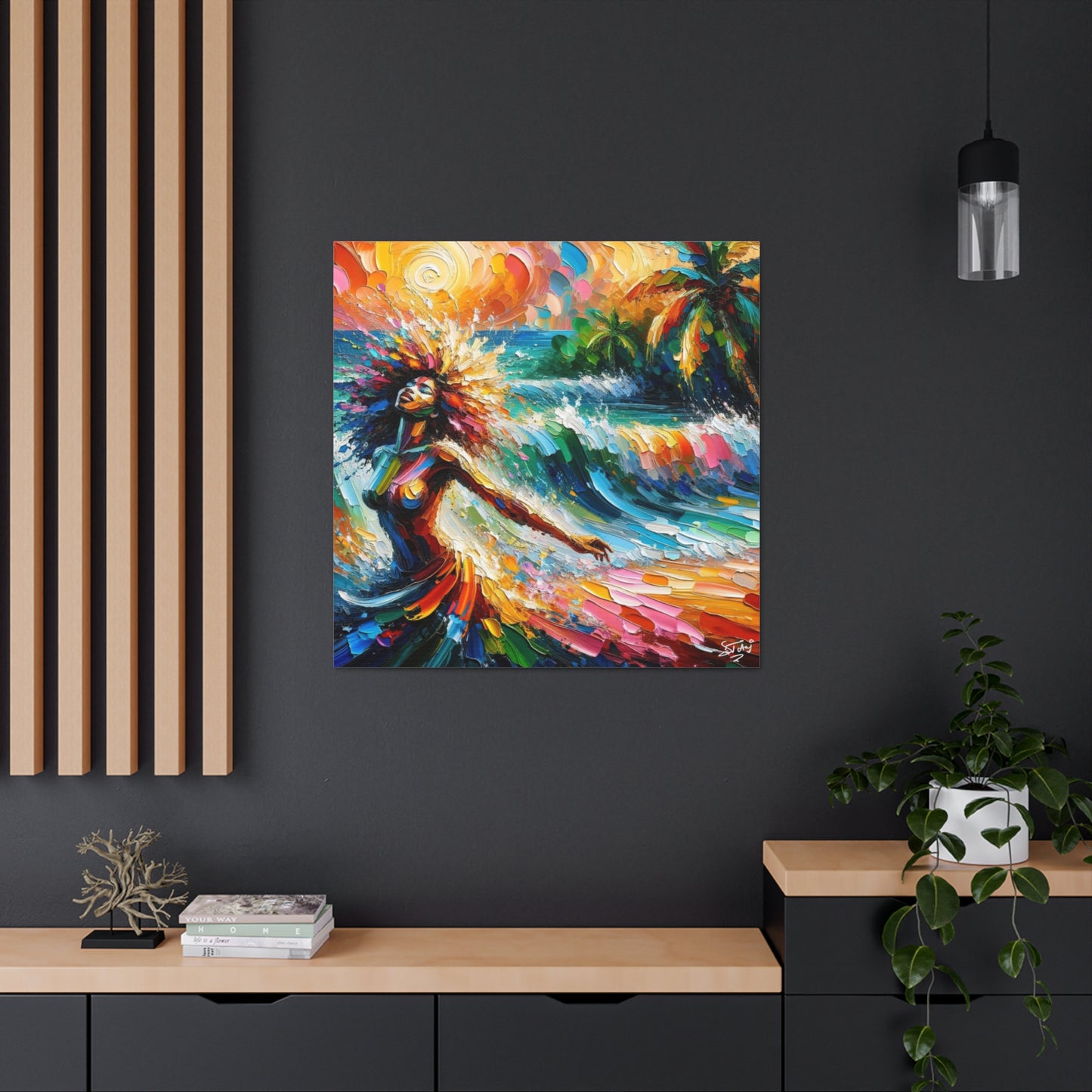 Art Print, Afro-Caribbean Woman, "Enjoying the Sunset" Abstract, Oil Finish, West Indian Ethnicity, Cultural, Heritage, Abstract, Canvas Gallery Wrap