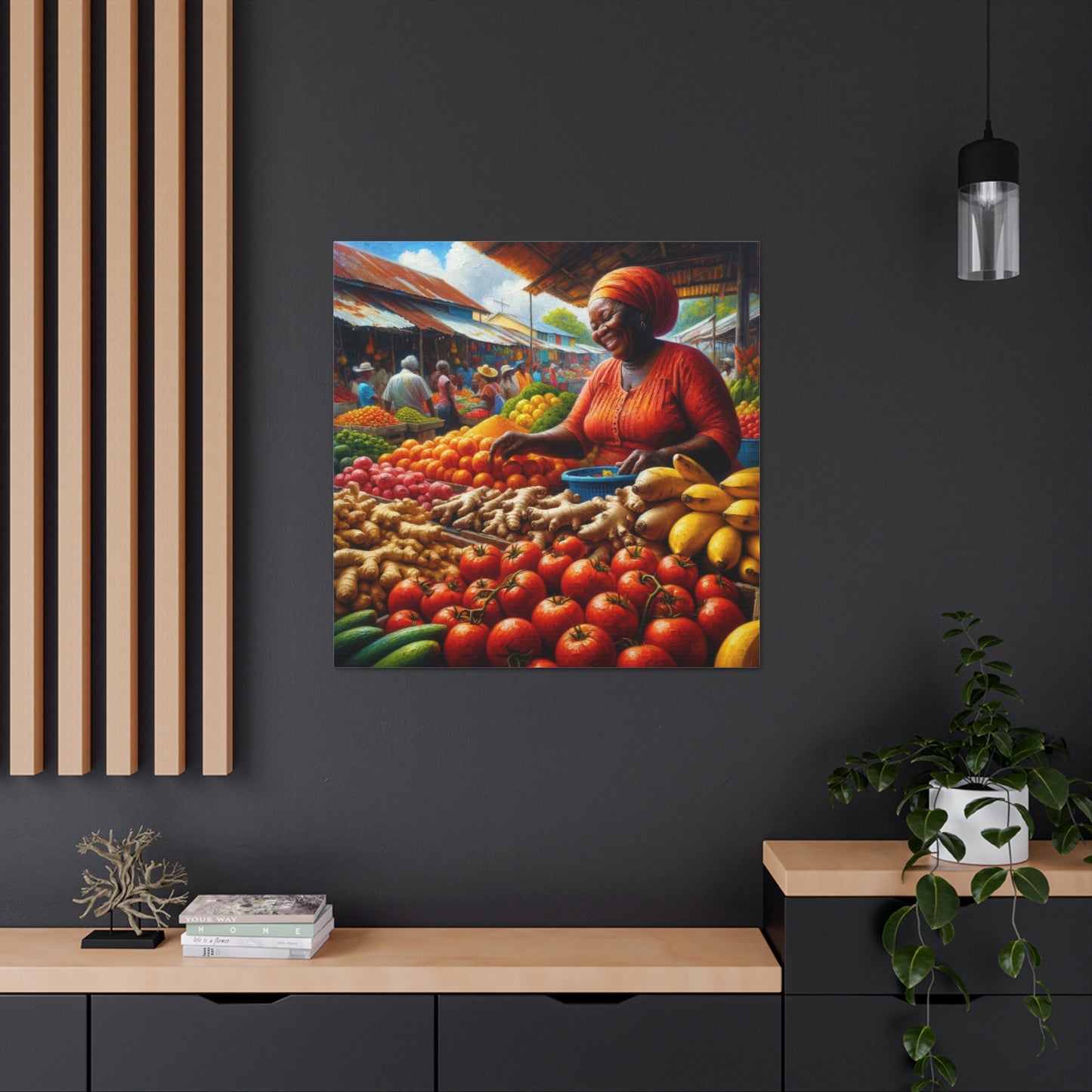 Art Print#6, "Selling at the Market", Market Scene in Trinidad, Caribbean, Oil Finish, West Indian Art, Canvas Gallery Wraps