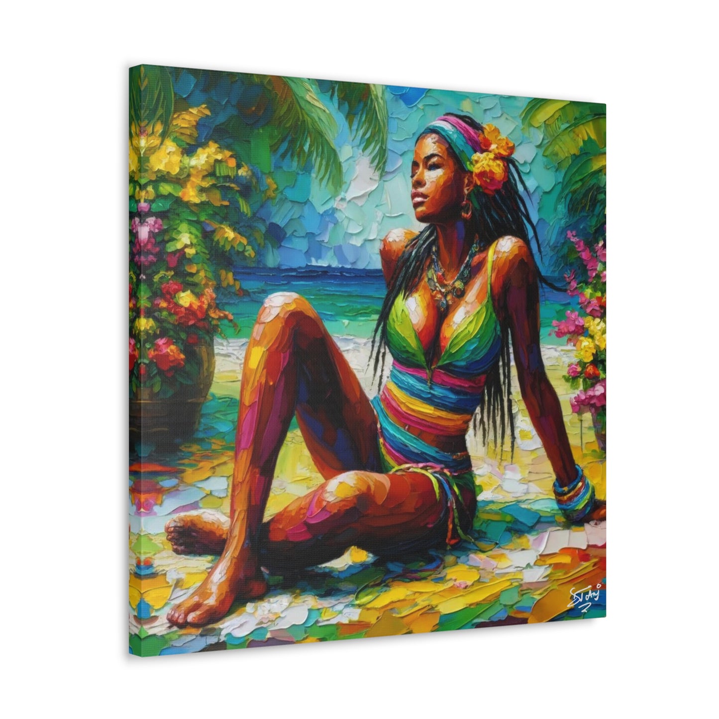 Art Print, Caribbean Woman, "Relaxing" Oil Finish, West Indian Ethnicity, Cultural, Heritage, Abstract, Canvas Gallery Wrap