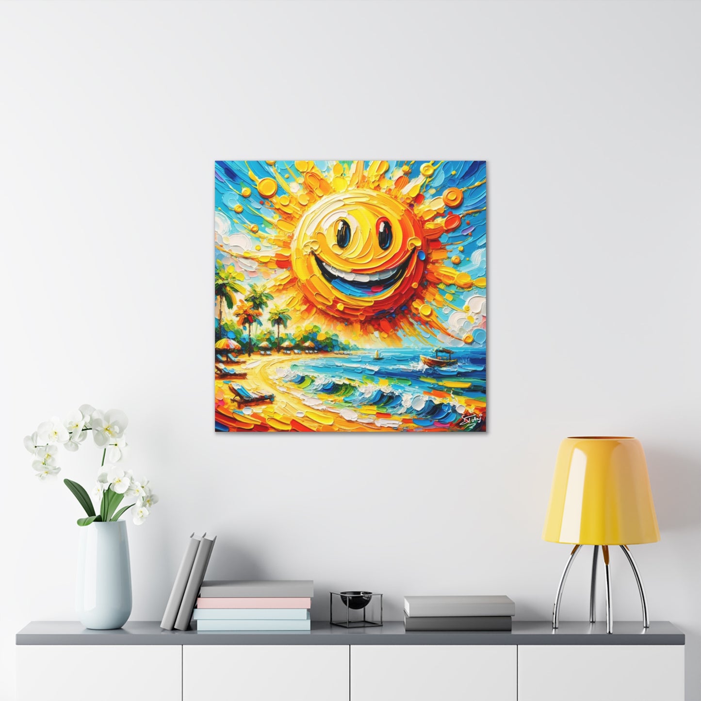 Art Print of Caribbean "Sunny Day" Beach Scene, Oil Painting, West Indian Art, Canvas Gallery Wraps