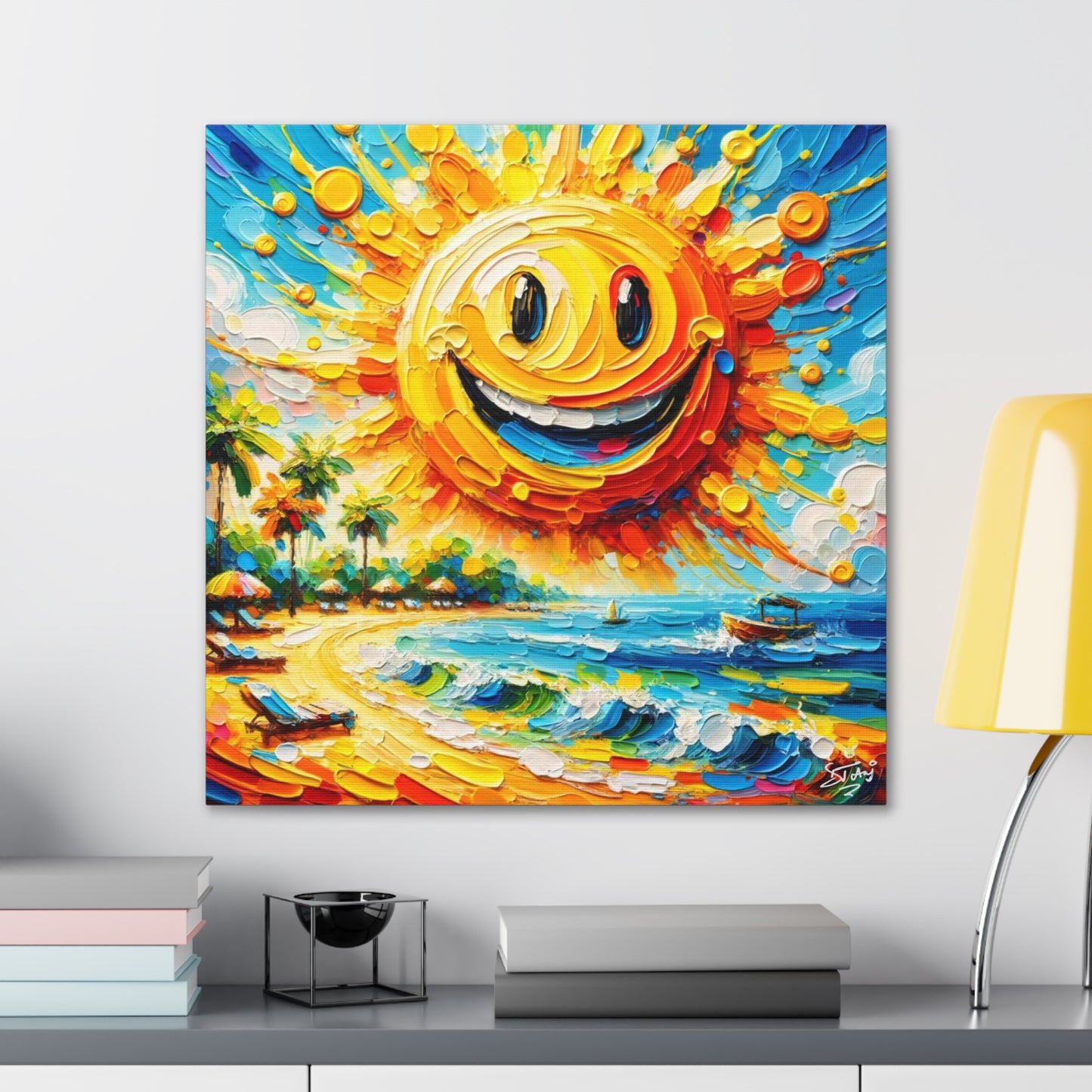 Art Print of Caribbean "Sunny Day" Beach Scene, Oil Painting, West Indian Art, Canvas Gallery Wraps