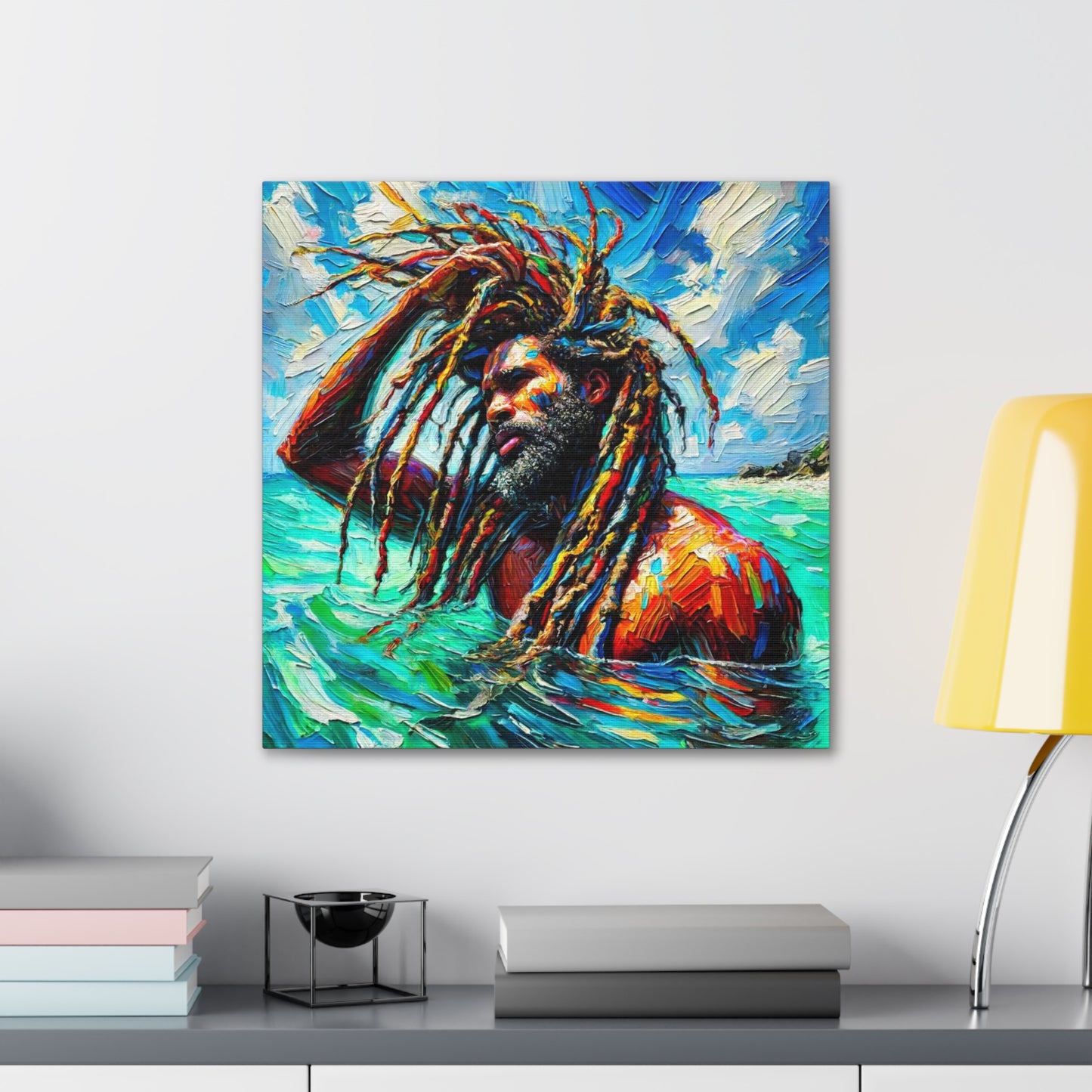 Art Print, Afro-Caribbean Man, "Sea Bath" Abstract, Semi-Abstract Oil Finish, West Indian Ethnicity, Cultural, Heritage, Abstract, Canvas Gallery Wrap