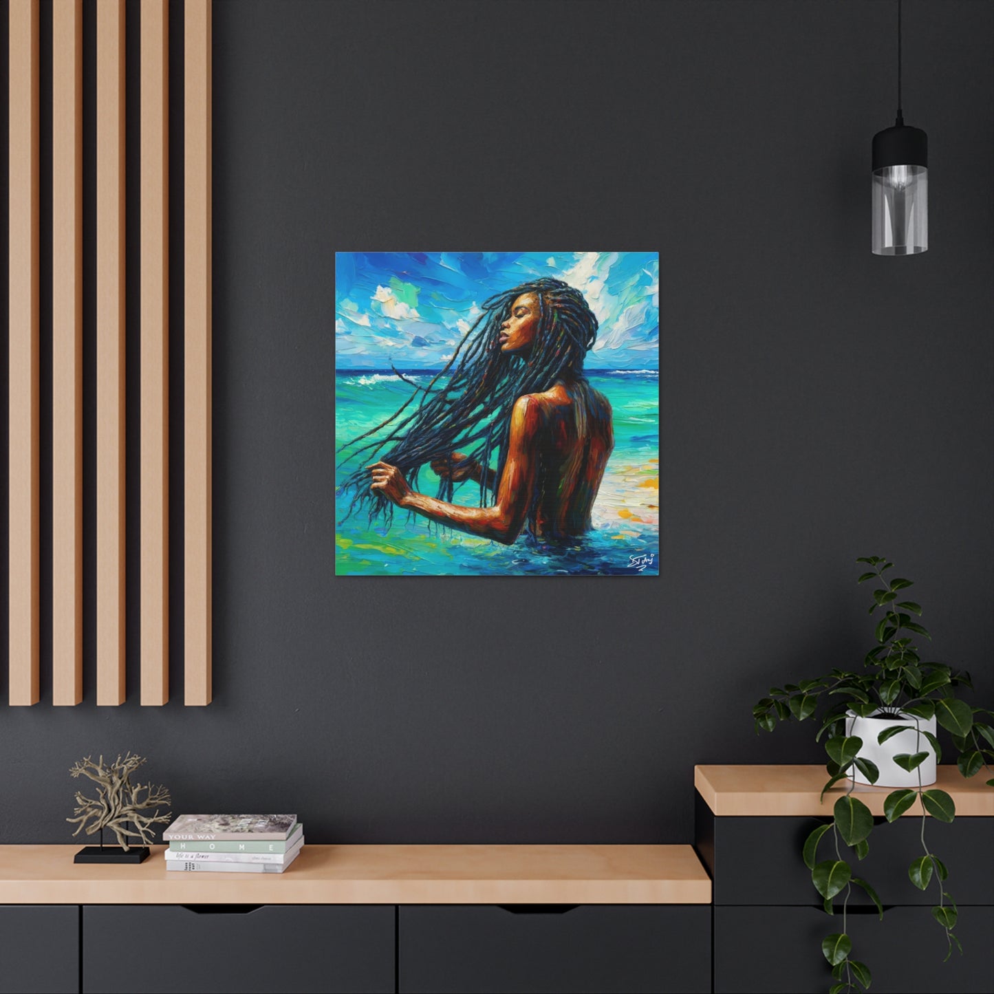 Art Print, Afro-Caribbean Woman "Chilling in the Ocean" Oil Finish, West Indian Ethnicity, Cultural, Heritage, Semi-Abstract, Canvas Gallery Wrap