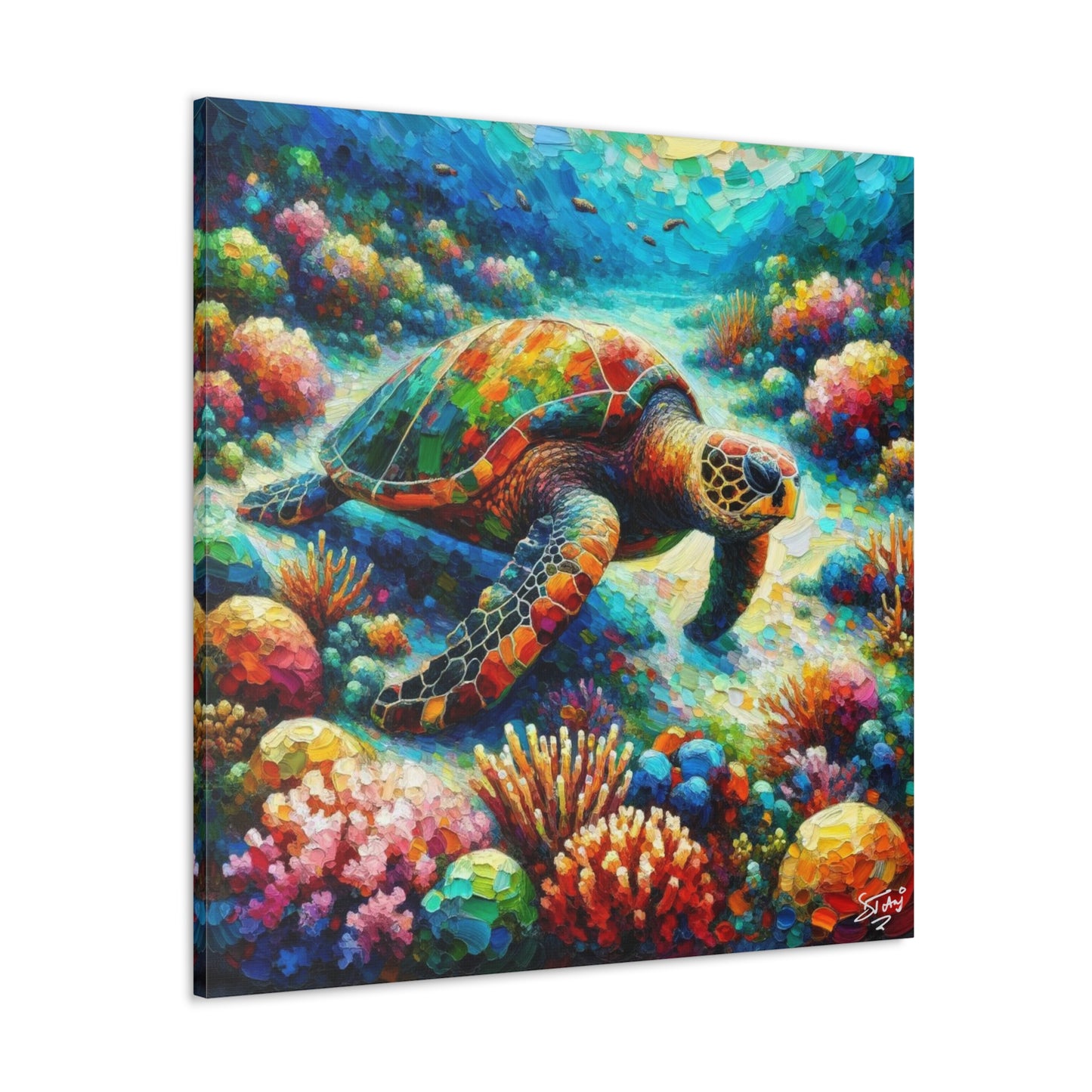 Art Print, Turtle in Reef, Oil Finish, Caribbean Nature, Cultural, Heritage, Semi-Abstract, Canvas Gallery Wrap