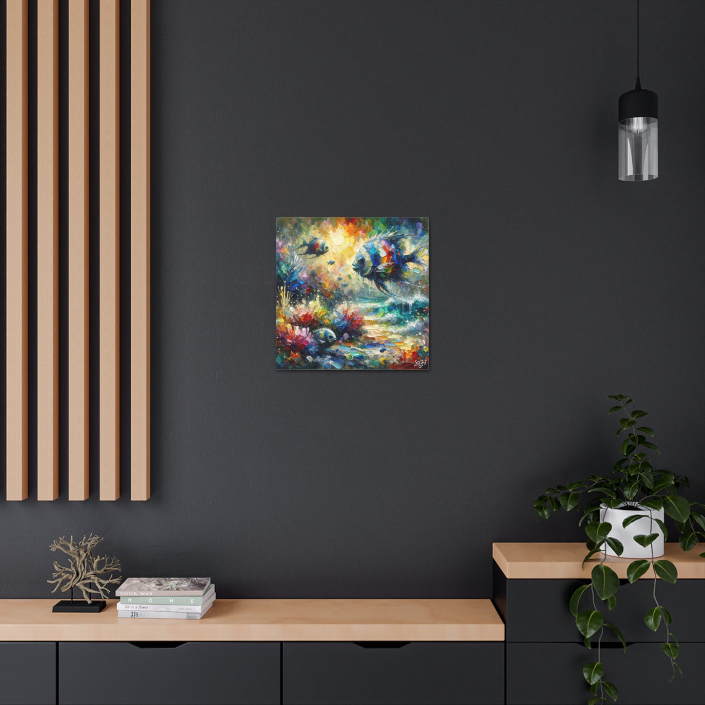 Art Print, Fishes in Coral Reef (2), Oil Finish, Caribbean Nature, Semi-Abstract, Canvas Gallery Wrap