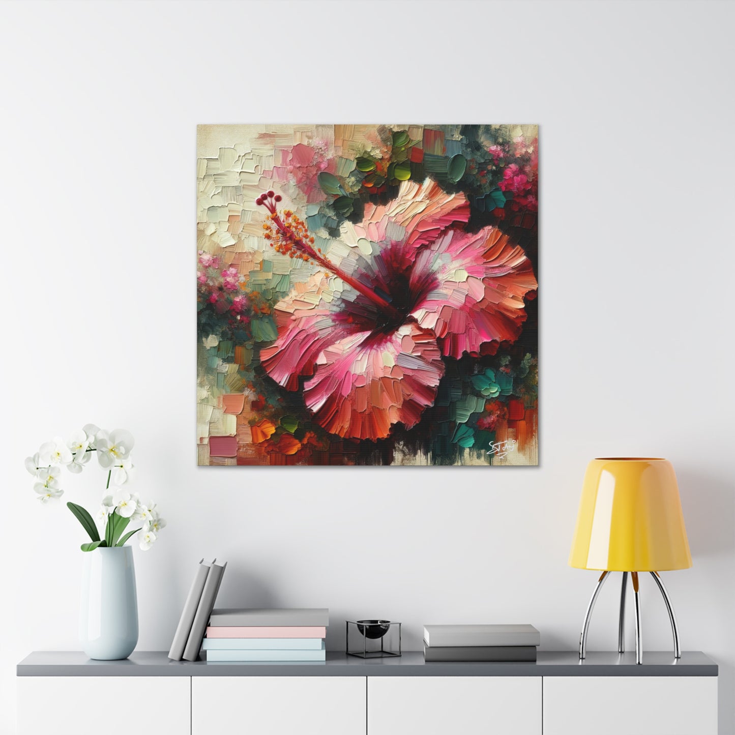 Oil Print#3 of a Pink Hibiscus Flower, Close-up View, Semi-abstract, Caribbean, Vibrant Vivid Colors, Canvas Gallery Wraps