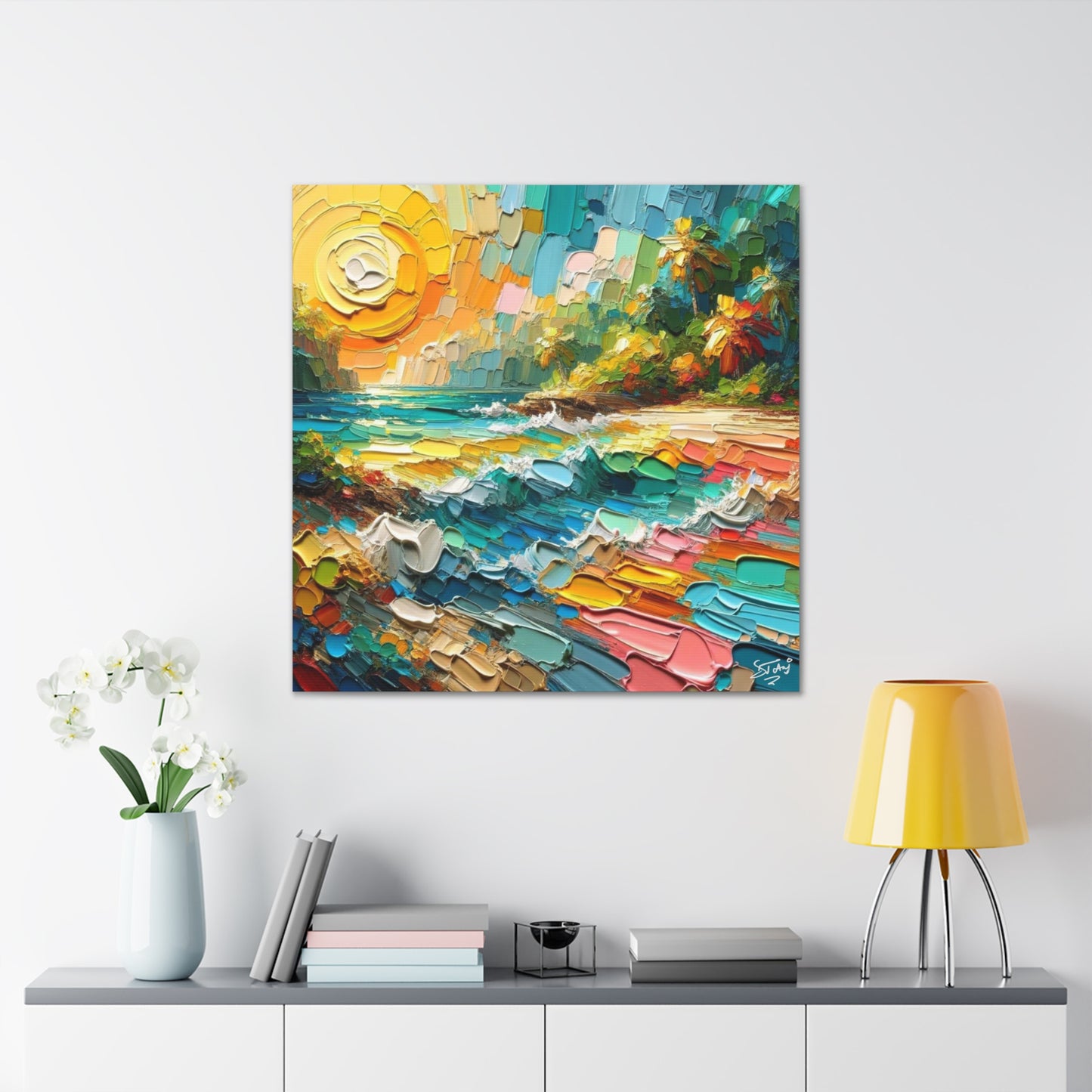 Art Print of Caribbean Beach Scene, Abstract, Oil Painting, West Indian Art, Canvas Gallery Wraps