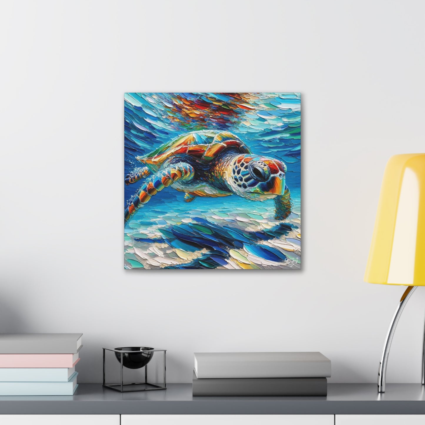 Art Print, Turtle in Reef, Oil Finish, Caribbean Nature, Cultural, Heritage, Semi-Abstract, Canvas Gallery Wrap