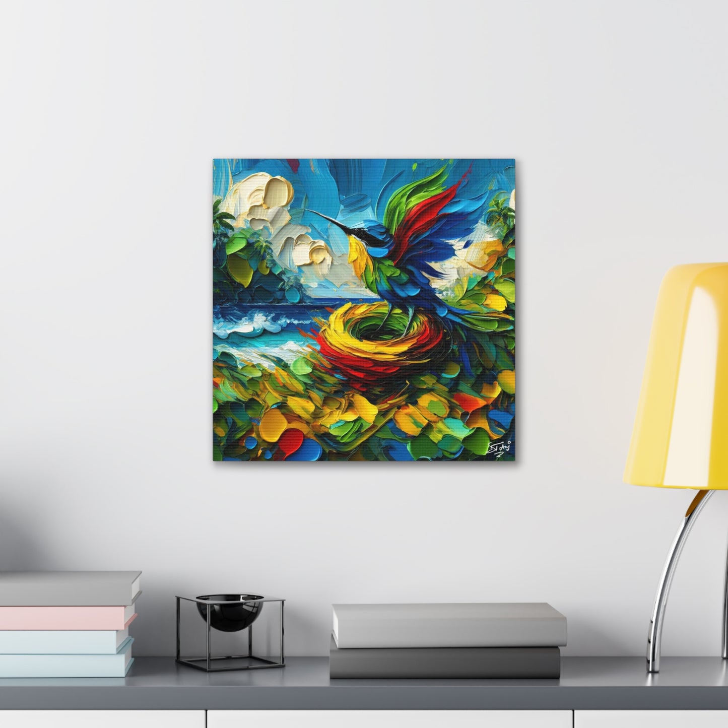 Art Print, Hummingbird, Oil Finish, Caribbean Nature, Cultural, Heritage, Semi-Abstract, Canvas Gallery Wrap